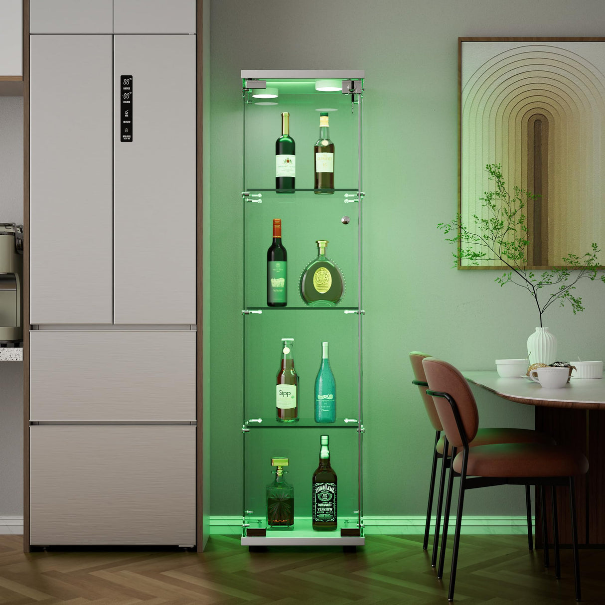 Goujxcy 64" Curio Cabinet, 4 Shelves Glass Display Cabinet with LED Lights, Glass Storage Cabinet with Door, Collectibles Toy Organizers Rack, Display Shelf, Kids Bookcase for Playroom, Bedroom, White Goujxcy