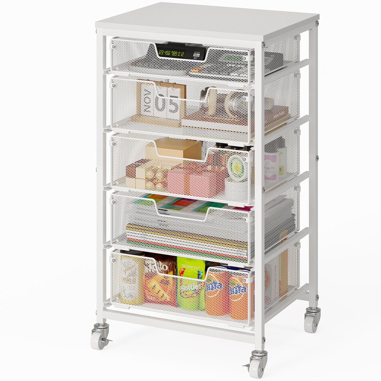 Sbanmao Utility Cart with 5 Drawers, Rolling Storage Cart with Wooden Tabletop and Lockable Wheels, Storage Drawer Cart Craft Cart for Bedroom, Classroom, Home, Office, White Sbanmao