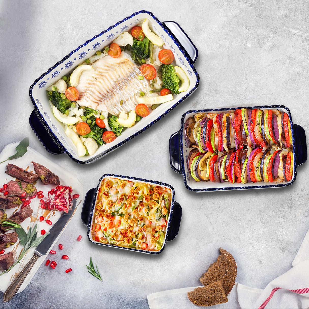 SOUJOY 3 Pack Porcelain Bakeware Set, Rectangular Baking Dishes, Lasagna Pan for Cooking, Kitchen, Casserole Dishes, Cake Dinner, Banquet and Daily Use SOUJOY