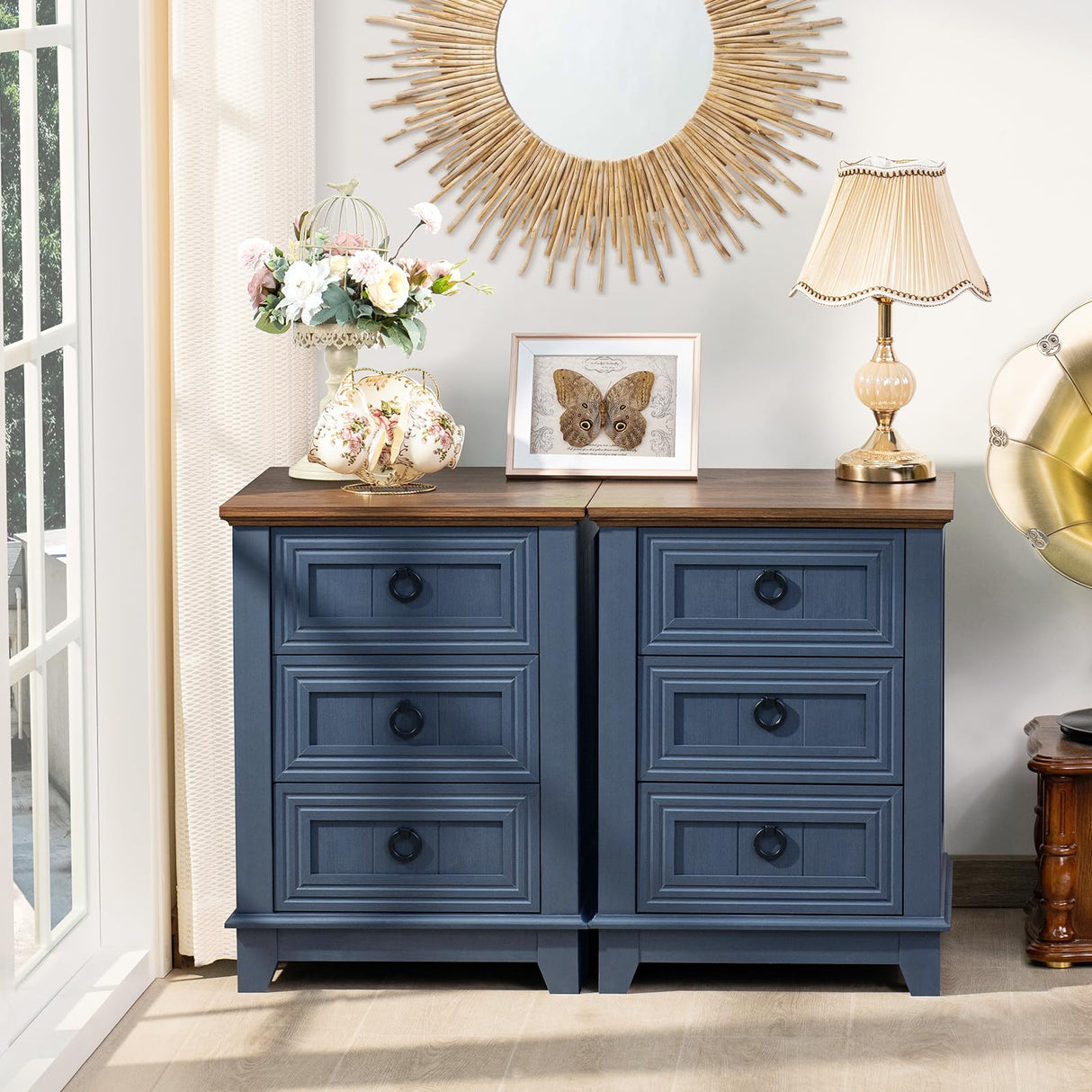 Joaxswe Night Stand Set of 2, Farmhouse 18" End Table with 3 Drawer Metal Handle, Dresser for Bedroom, Sofa Bed Side Table Chest of Drawers,Wood Nightstand Cabinet for Organizer, Living Room-Blue Joaxswe