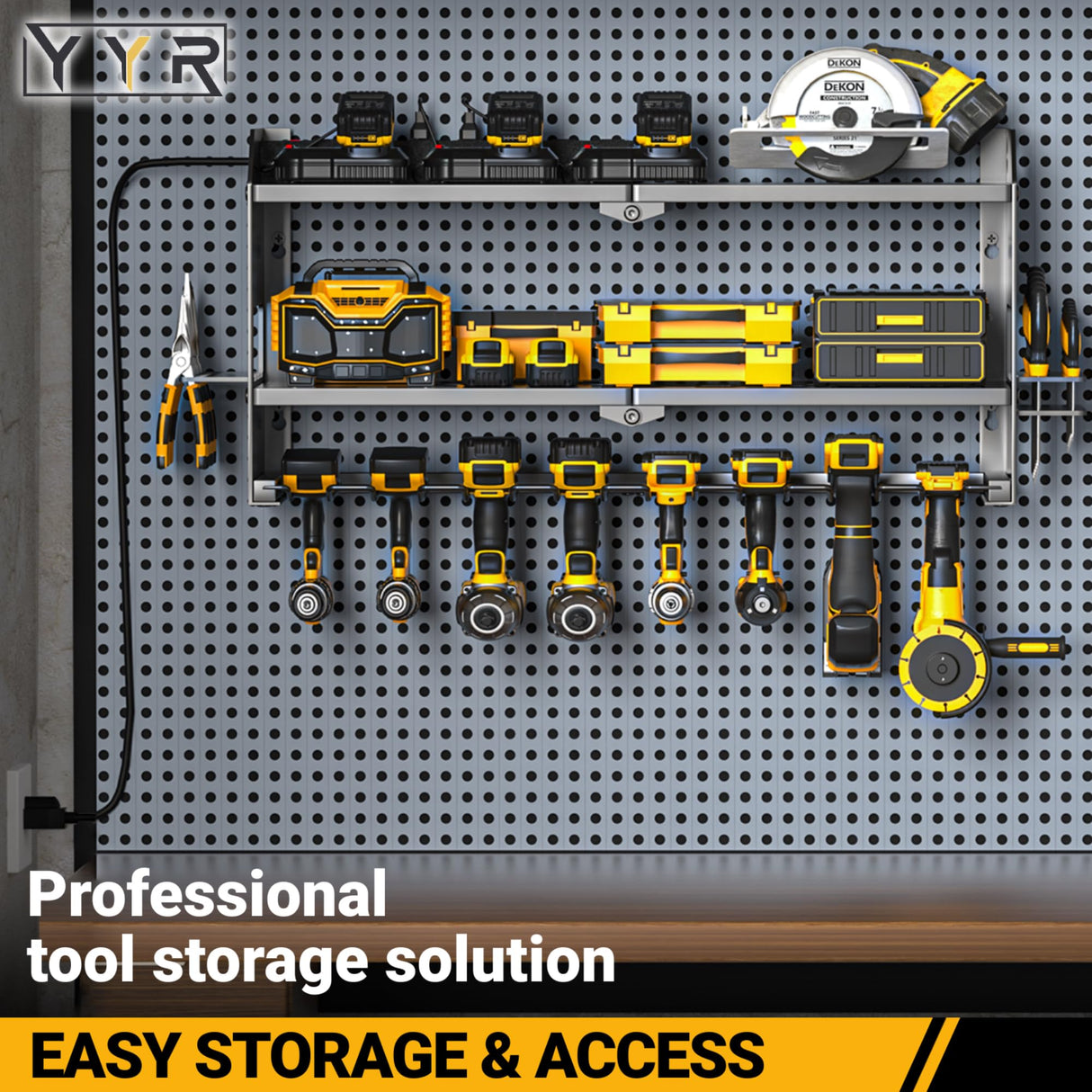 YYR Power Tool Organizer with Charging Station Wall Mount, Cordless Drill and Battery Holder for Garage Organization, Electric Tools Storage Rack Build in Surge Protection Power Strip - Black Shelf YYR