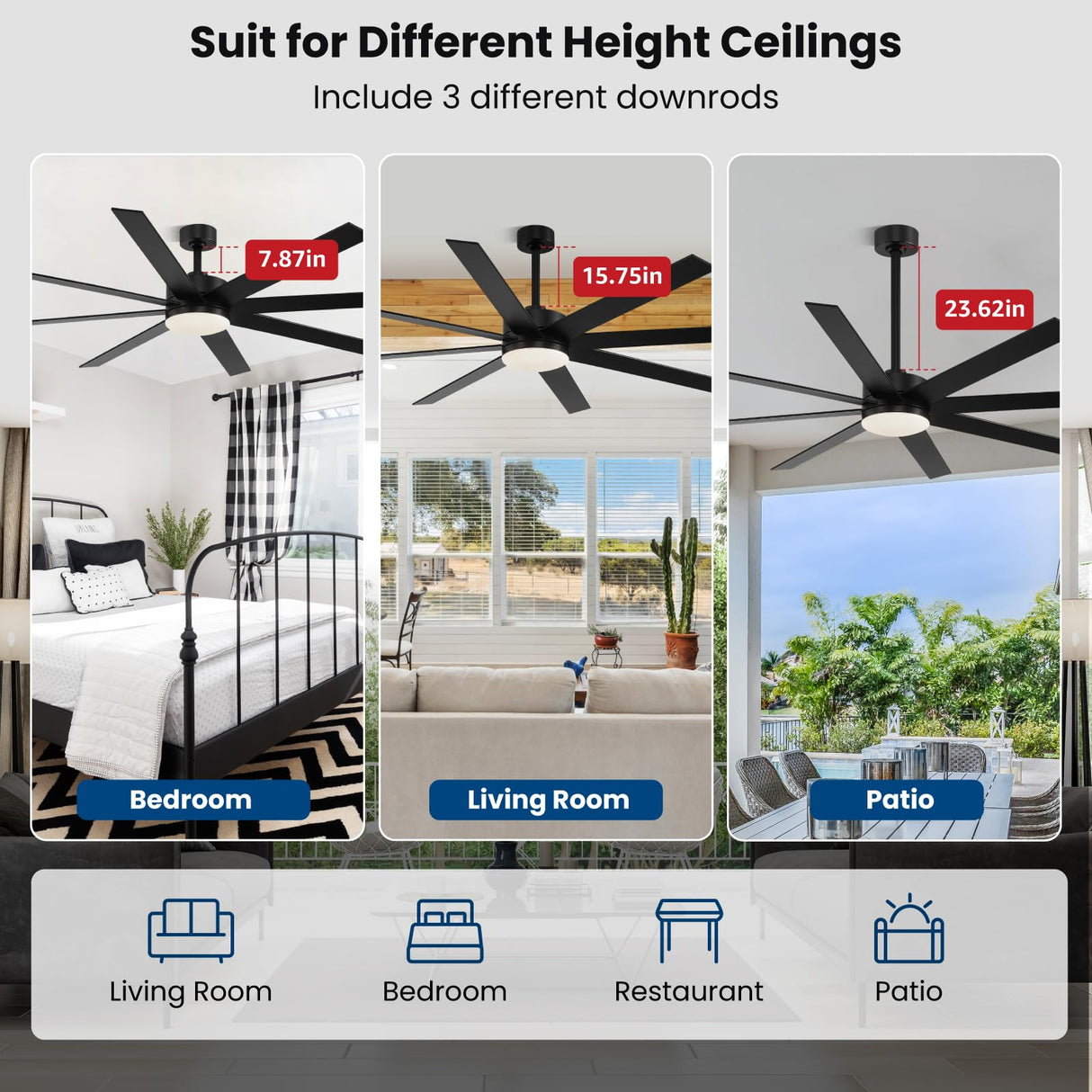 Modern 72 Inch Ceiling Fans with Lights and Remote, Dual Color 8 Blades, Bedroom Living Room Office Library Cafe Outdoor Industrial, 3CCT Dimmable, 6 Speed Reversible Quiet DC Motor, Black/Wood Grain Conciseer