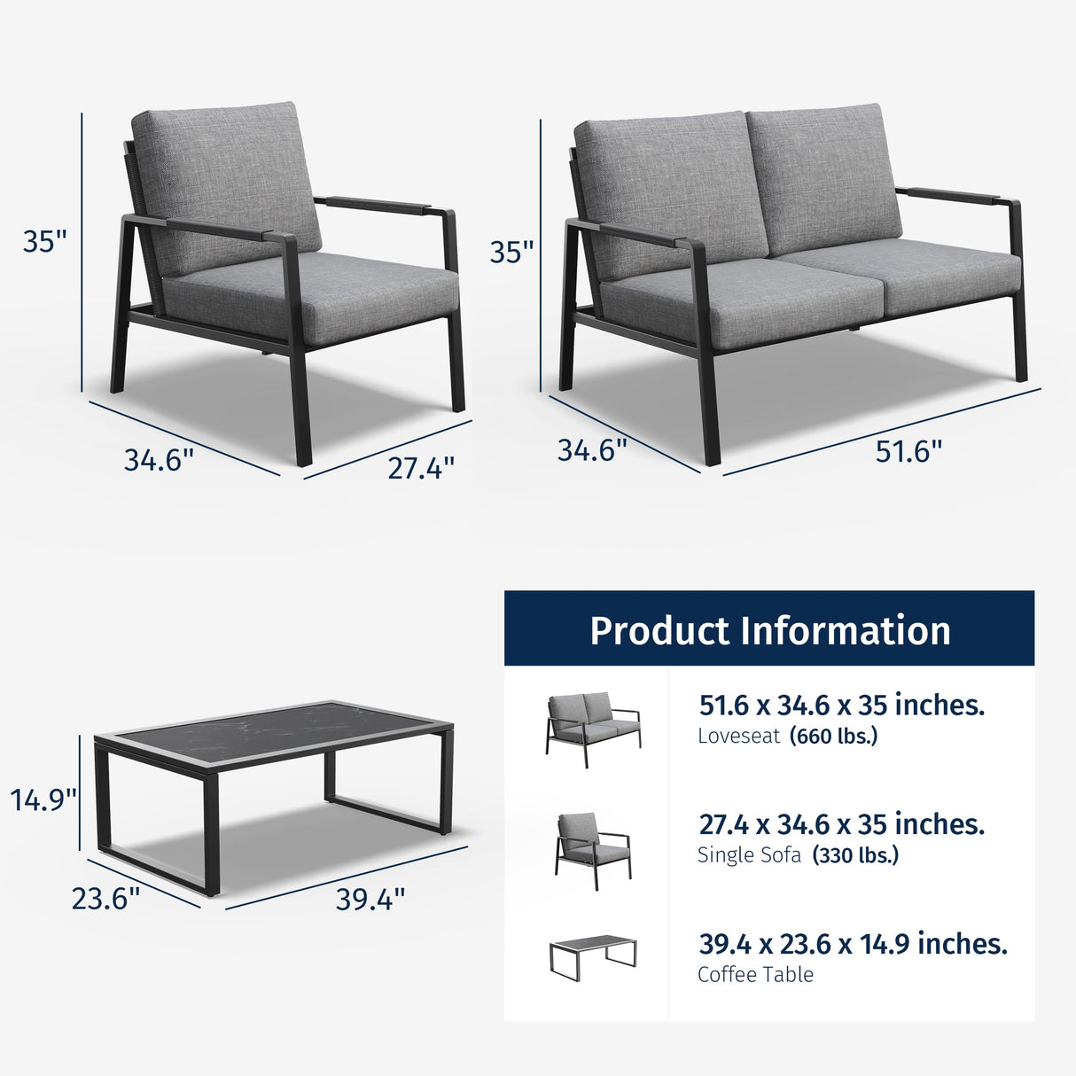 EAST OAK 4-Piece Patio Furniture Set with Thick Cushions, 2025 Coast Patio Conversation Set,4 Seats Waterproof Outdoor Patio Set with Rattan Armrests, Loveseat and Coffee Table for Backyard, Grey EAST OAK