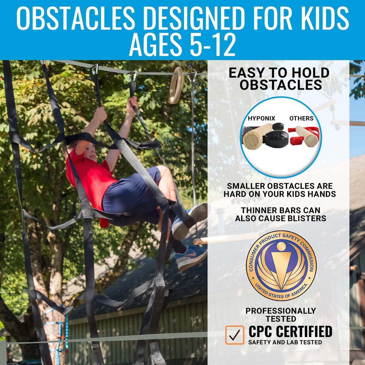 Ninja Warrior Obstacle Course for Kids – 2 x 60 ft, 880 lbs Capacity, 13 Weatherproof Obstacles, Bottom Line, Traverse Rings, Monkey Net – Easy Setup on Trees or Posts for Outdoor Fun Hyponix Sporting