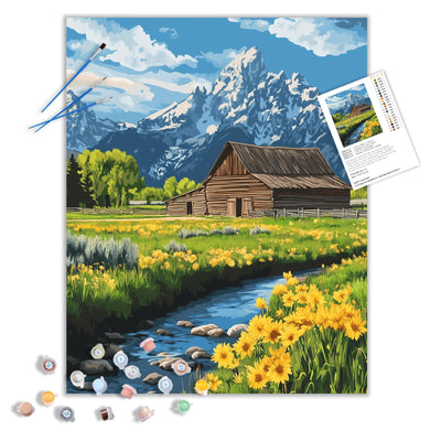 ARNLRDYA Grand Teton National Park Paint by Numbers for Adult, Moulton Barn Painting by Number Kits, Snow Mountains Flower Scenery DIY Acrylic Painting for Home Wall Decor(16×20inches, Unframe)