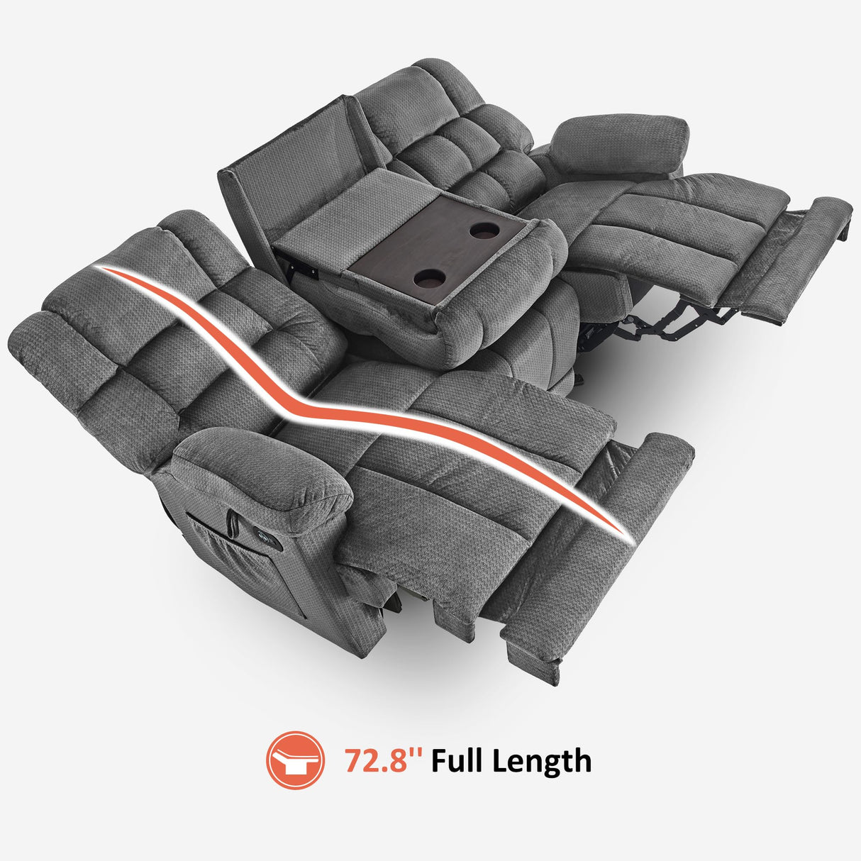 MCombo Zero Gravity Power Recliner Sofa with Drop Down Table, Heat and Vibration Massage, 3 Seater Dual Reclining Couch with USB Ports, Cup Holders for Living Room, Fabric RS6236 (Grey) MCombo