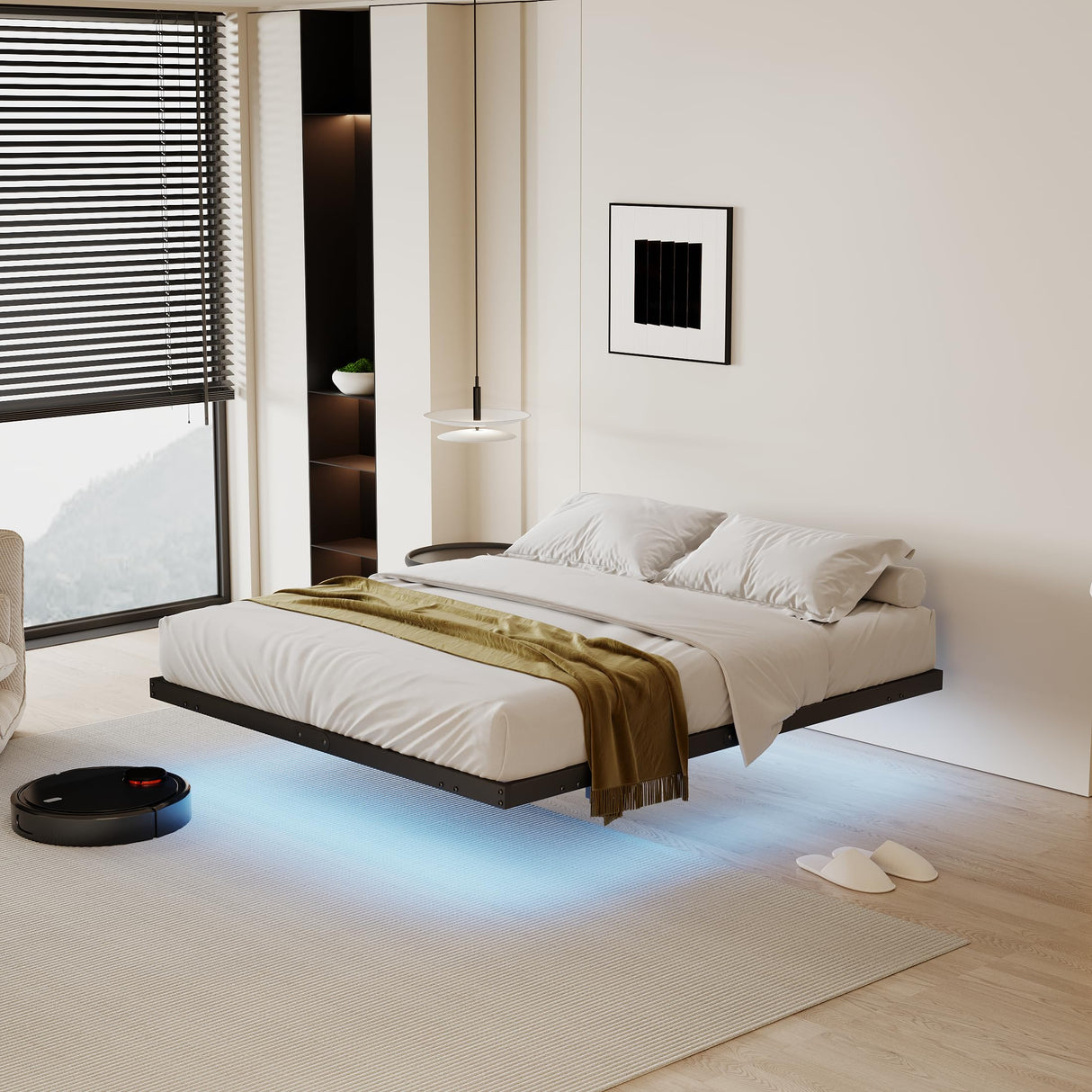 qimamo 14 Inch Floating Queen Bed Frame with Smart LED Lights and Charging Station, Modern Metal Queen Bed Frame, Easy to Assemble, No Box Spring Needed (Queen) qimamo