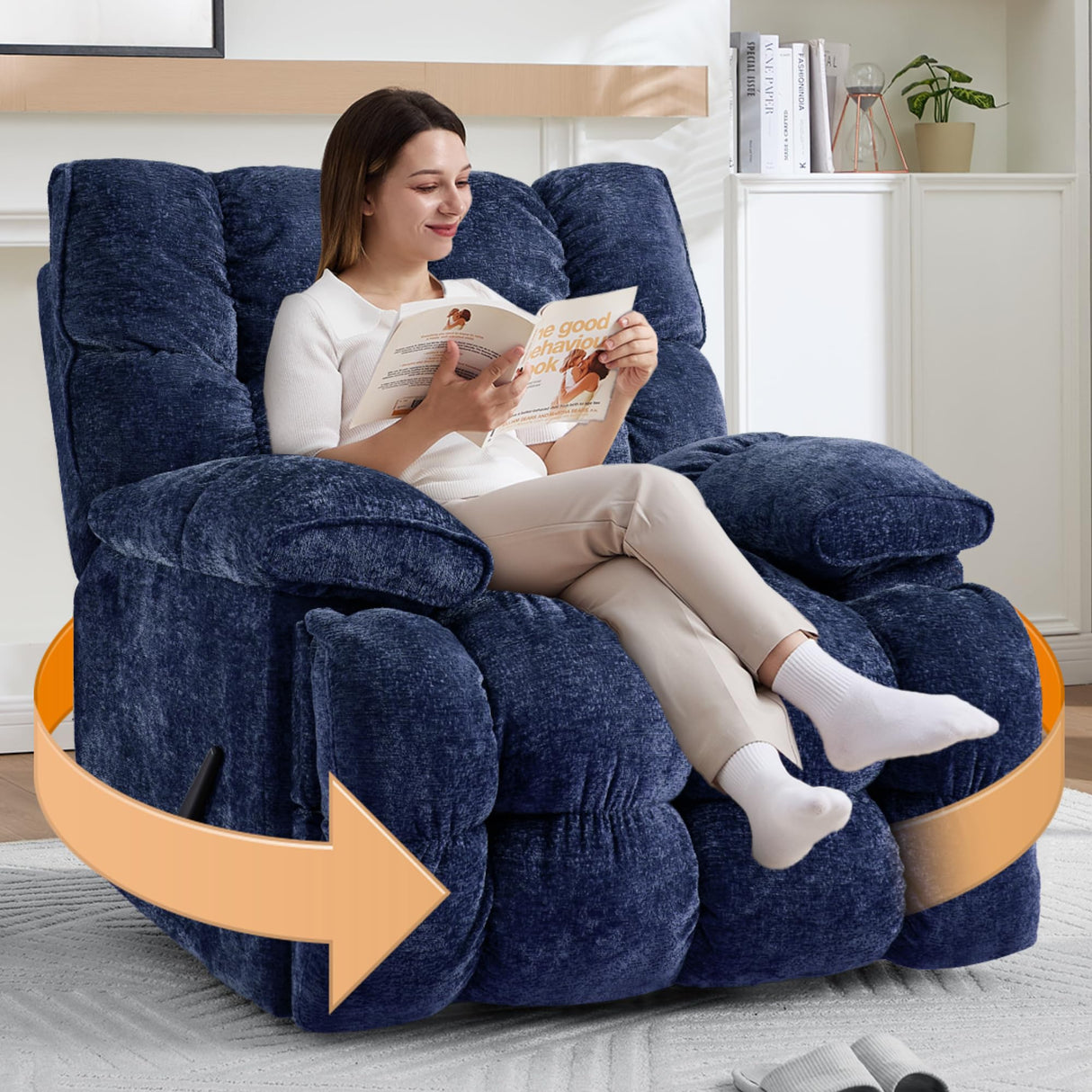 GARTMILAN Oversized Recliner Chair Manual Swivel Rocker Recliner for Living Room Chenille Overstuffed Nursery Reclining Sofa Chair Rocking Recliners for Adults 375lbs (Manual, Blue) GARTMILAN