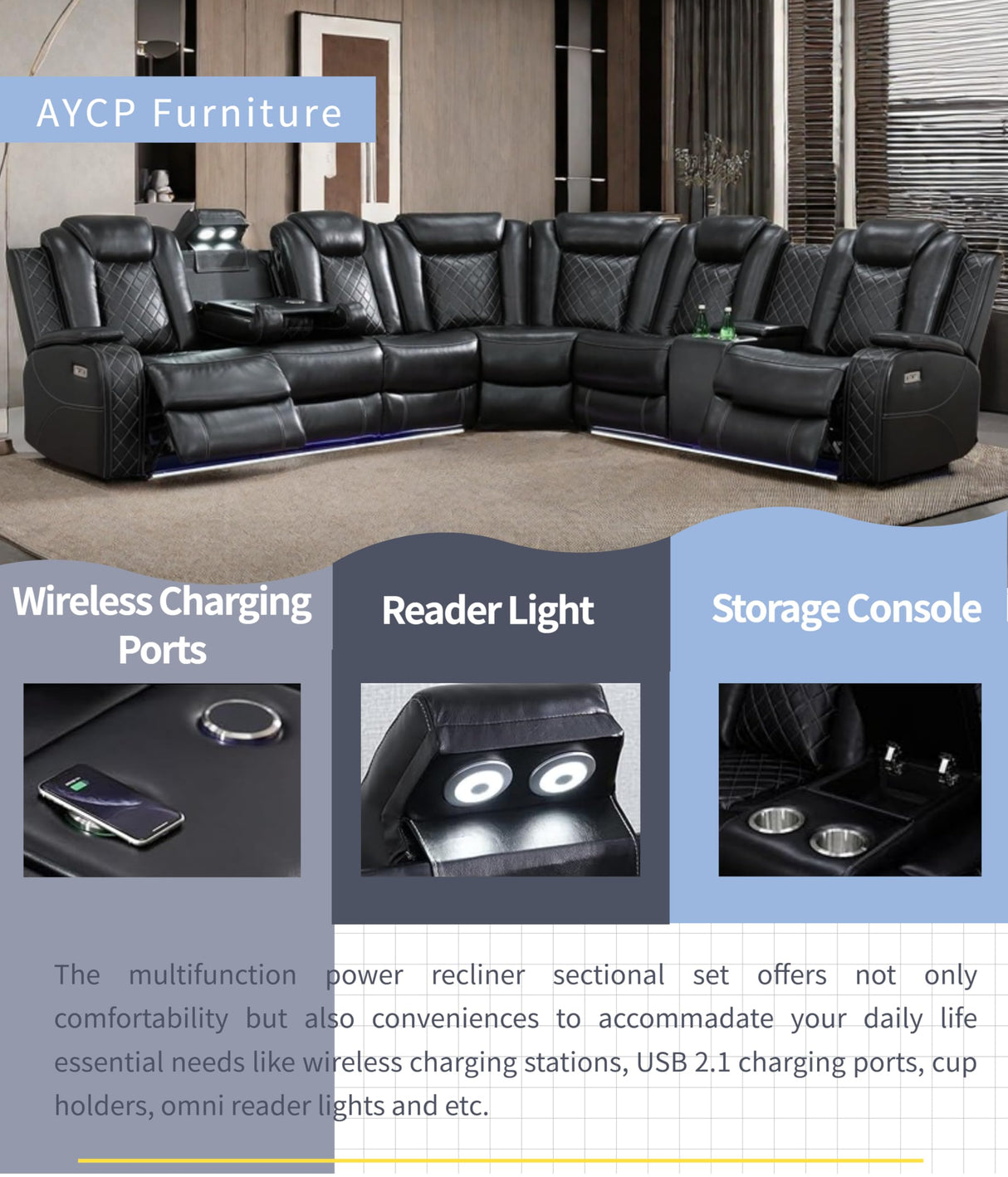 Power Recliner Sofa Sectional Sofa with LED Light for Living Room, Air Leather Reclining Corner Sectional Sofa Set, Cup Holder, Storage Console for Home Theater Seating (Black, Sectional+Chair) AYCP Furniture