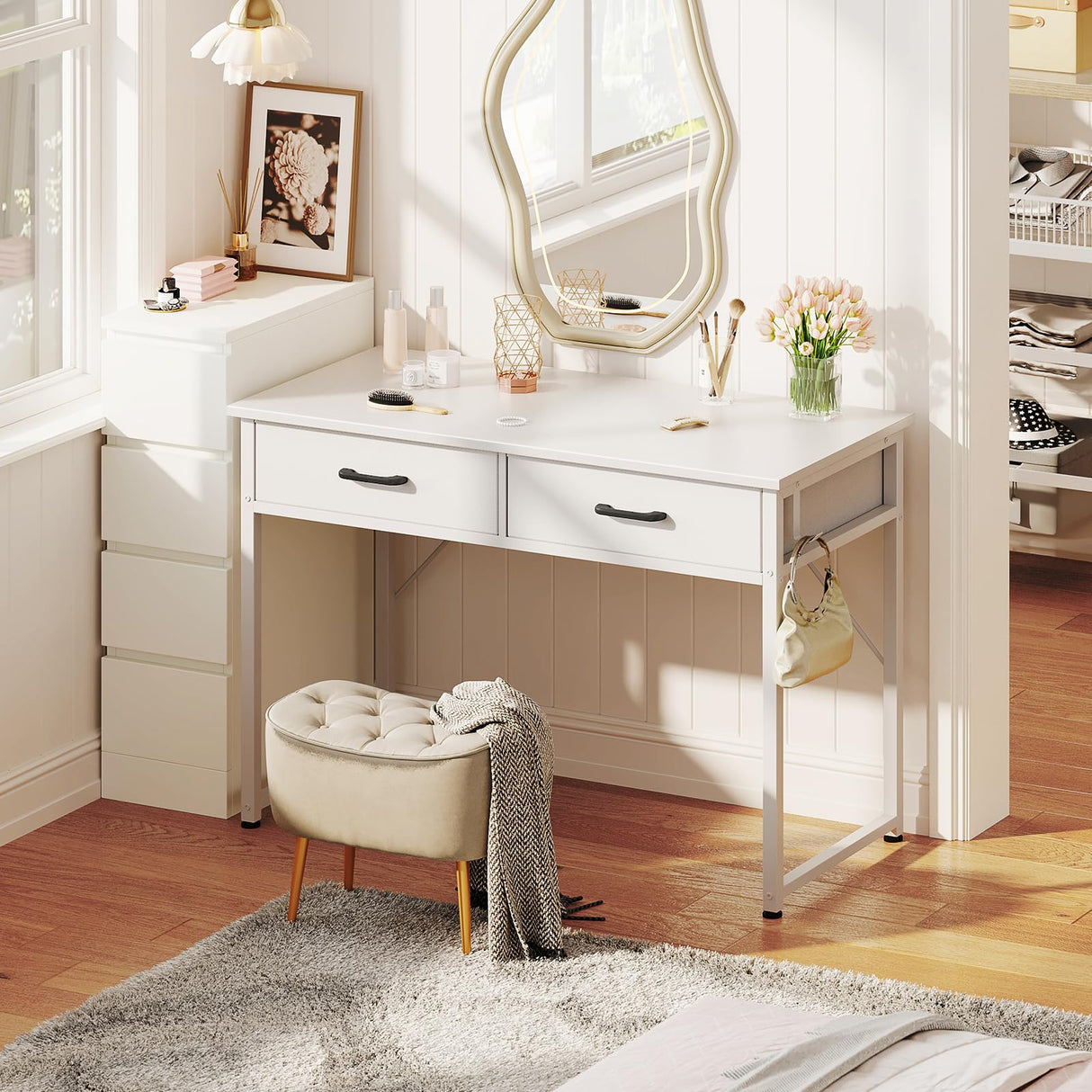 Casaottima 40 Inch Small Office Computer Desk with 2 Drawers & Headphone Hook - Compact Writing Desk for Home Office, Study or Work, Modern Space-Saving Design for Small Spaces, White Casaottima