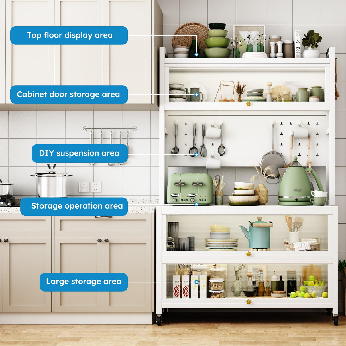 65'' Tall Kitchen Bakers Rack with Flip Door Cabinet, 5 Tier Multifunctional Microwave Stand Buffet, Coffee Bar, Kitchen Pantry Storage Cabinet Shelf, Quick Assembly, White Legendstone