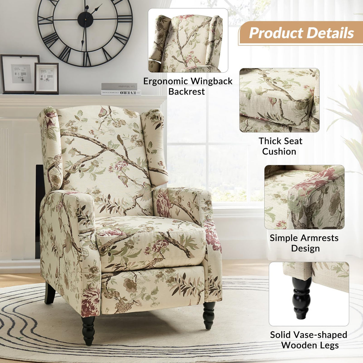 HULALA HOME Wingback Recliner Chair, Traditional Push Back Recliner Single Sofa Chair with Solid Wood Legs, Modern Lounge Armchair for Living Room, Comfy Upholstered Accent Reclining, Bird HULALA HOME