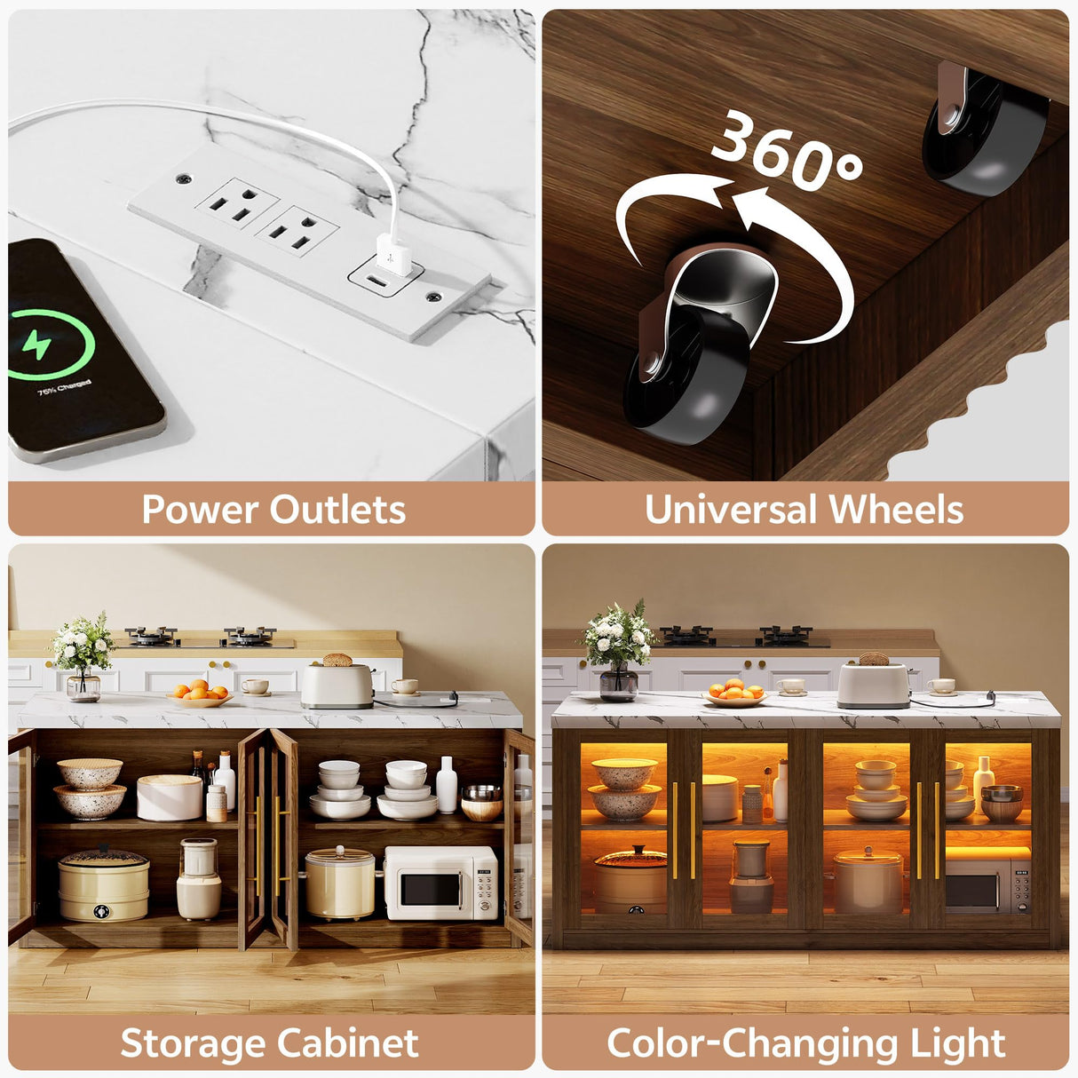 Homiflex Kitchen Island with Storage, 57" W Large Island Table with Seating/LED Light for Dining Room, Kitchen Carts on Wheels Breakfast Bar Table w/Power Outlet, Walnut Homiflex