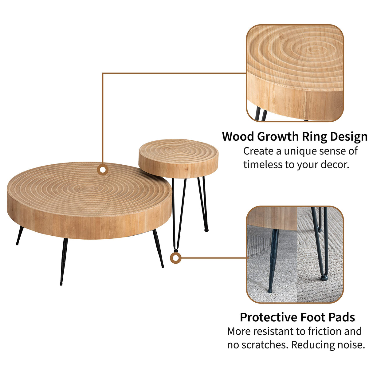 LONYKE 2-Piece Boho Farmhouse Living Room Coffee Table Set, Nesting Table Round Natural Finish with Handcrafted Wood Ring Motif, French Country Decor, Round LONYKE