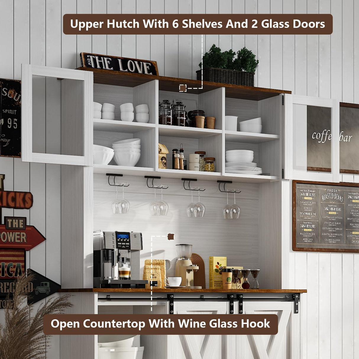 4ever2buy Farmhouse Coffee Bar Cabinet with Hutch, 72'' White Hutch Cabinet with 2 Glass Doors, Tall Wine Bar Cabinet with 9 Wine Racks, Coffee Bar Hutch with Storage for Living Room 4ever2buy