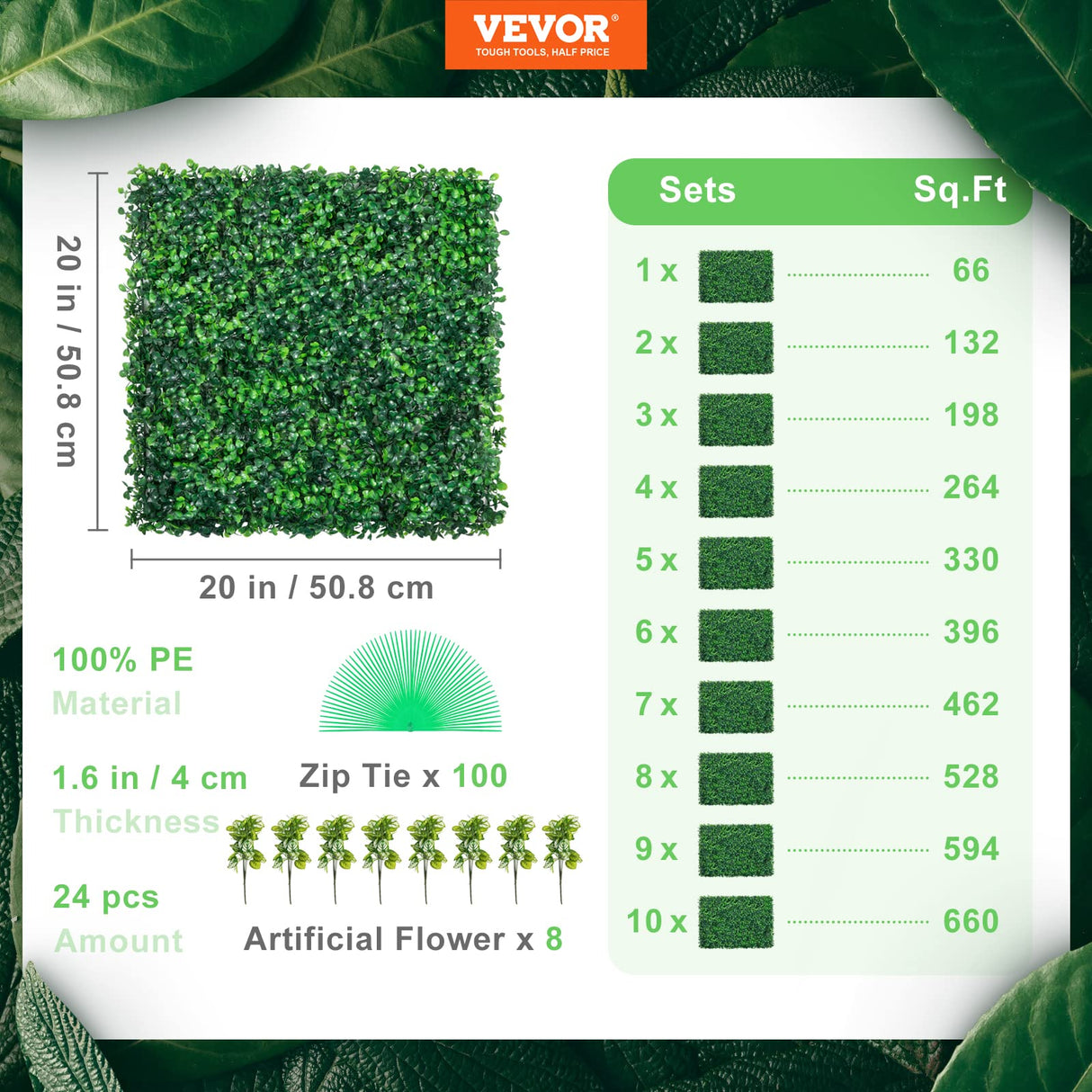VEVOR 24PCS 20"x20" Artificial Boxwood Panels,Boxwood Hedge Wall Panels,Artificial Grass Backdrop Wall 1.6", Privacy Hedge Screen UV Protected for Outdoor Indoor Garden Fence Backyard VEVOR