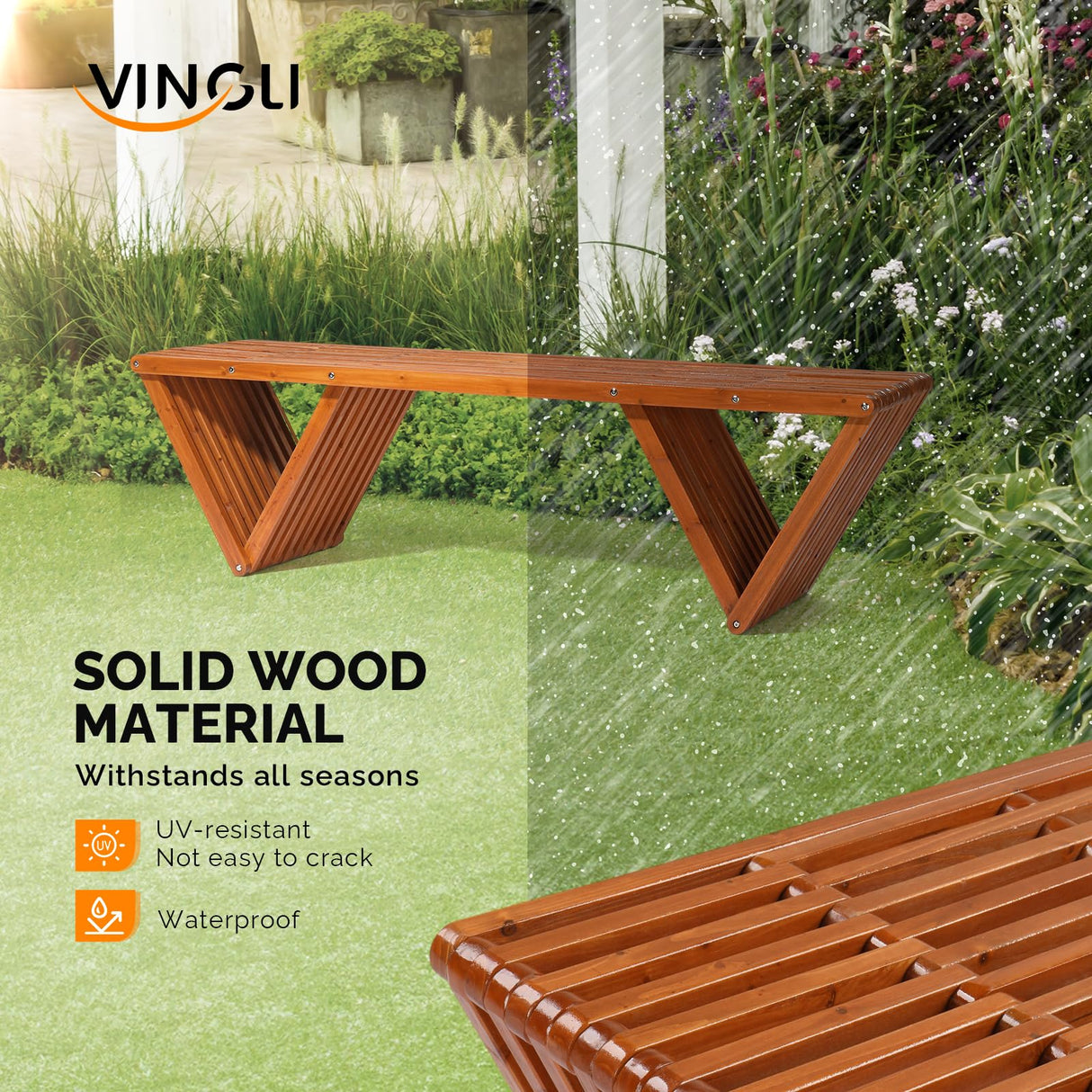 VINGLI Outdoor Wooden Bench, 63" All Weather Patio Bench Porch Bench, 600lb Capacity Outdoor Backless Benches for Yard Park Garden VINGLI