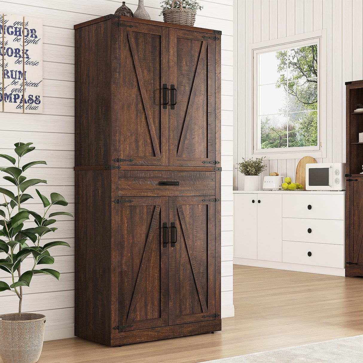 Hlivelood 72" Tall Farmhouse Kitchen Pantry Cabinet with Drawer, Rustic Wood Cupboard Storage Cabinet w/Organizer and 4 Barn Doors, Storage Cabinet for Kitchen, Dining Room, Living Room, Brown Hlivelood