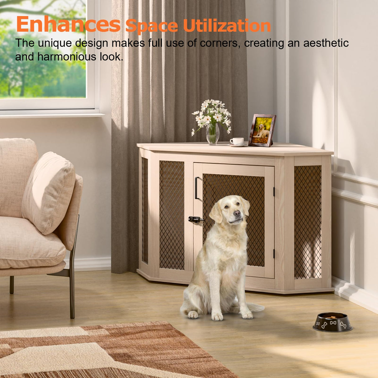 VENDORZ Corner Dog Crate Furniture, 52" Wooden Dog Kennel Furniture End Table with Mesh, Dog Kennel Indoor Furniture for Small Medium Large Dogs, Modern Decorative Wood Pet House Dog Cage Crate, Grey VENDORZ