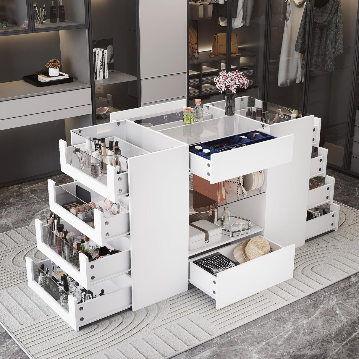 LIVAUVEAD Closet Island with Drawers, Wardrobe Armoire Bedroom Island, Glass Display Shelf & 12 Drawers, White Dresser with Glass Top, Walk-in Closet Island for Bedroom, Cloakroom LIVAUVEAD