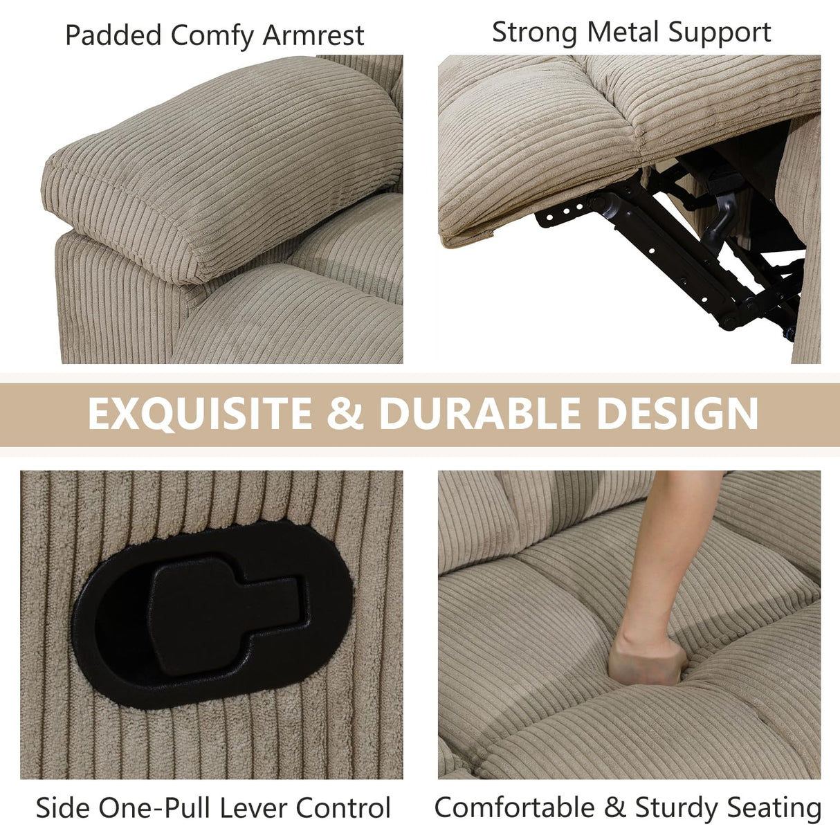 Anthato Corduroy Recliner Sofa Set, Manual Reclining Sofa Loveseat Chair Set with Cup Holders/Coffee Table, Comfy Fabric Recliner Couches, Living Room Furniture Sets for Home, Office (Beige, 3PCS Set) Anthato