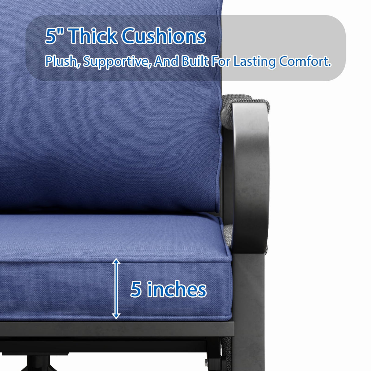 Xmkmvk 5 Piece Patio Furniture Set with 50000 BTU Propane Fire Pit Table, All-Weather Outdoor Conversation Set with 2 Swivel Chairs, Sofa and Thick Cushions for Garden, Porch, Lawn, Blue Xmkmvk