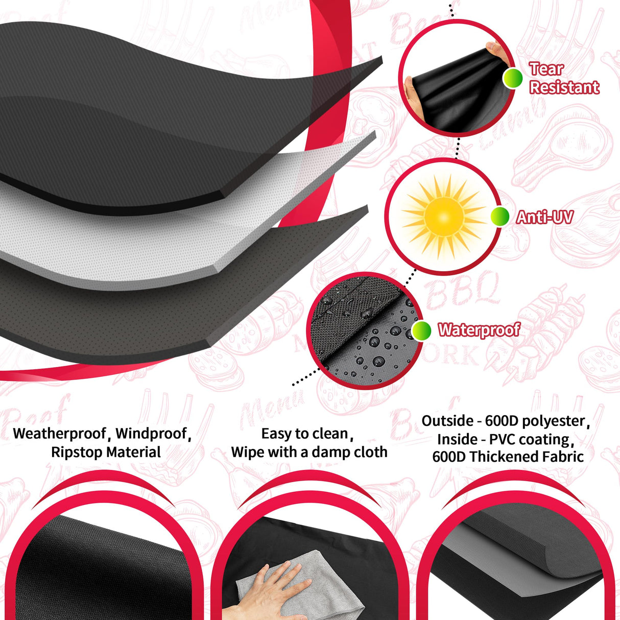 NEXCOVER Grill Cover - Heavy Duty BBQ Cover, 50 inch Waterproof Barbecue Cover, Weather Resistant, Fade Resistant, Rip-Proof, Anti-UV, Gas Grill Cover for Weber, Char Broil, Nexgrill Grills, Black NEXCOVER