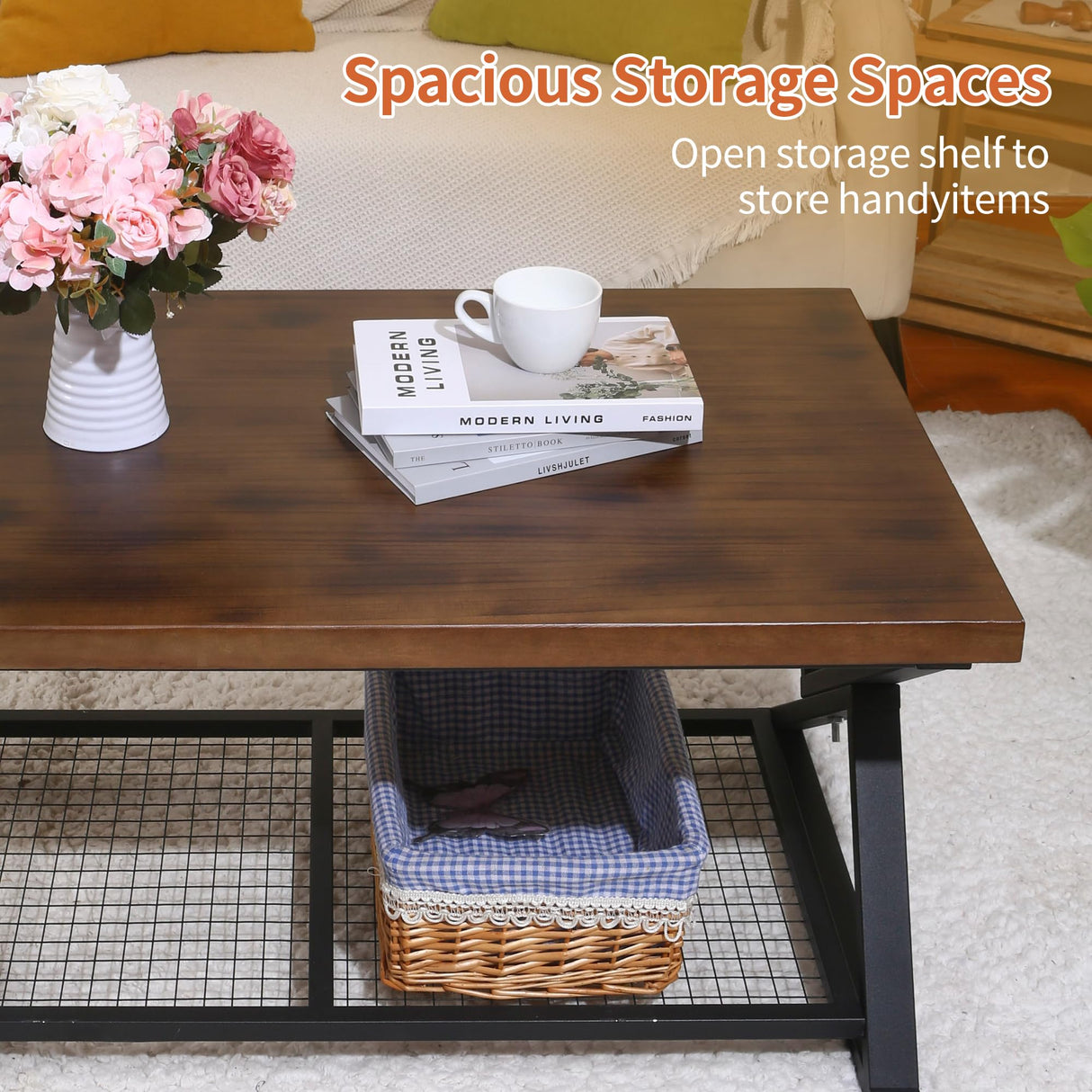 EASYSOUL Solid Wood Coffee Tables for Living Room, Farmhouse Coffee Table with Storage Shelf, 2-Tier Rustic Mid Century Coffee Table, 47.24 Inch Rectangle Center Table (Brow, 47.24") EASYSOUL