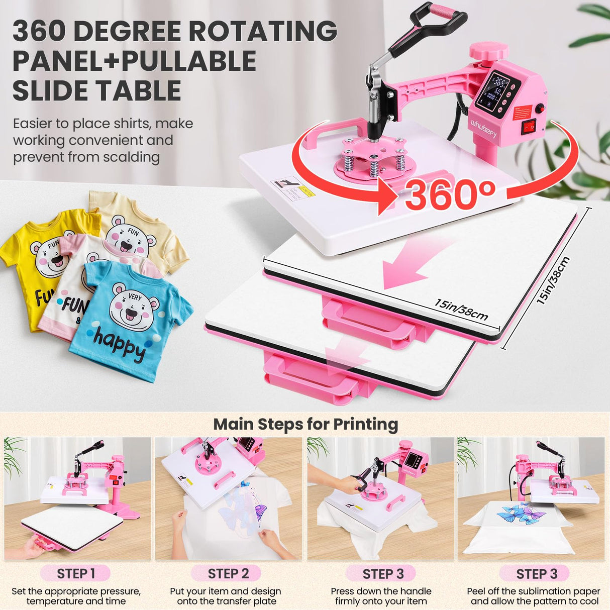 Whubefy Heat Press 15x15 inch 8 in 1 with 30OZ Tumbler Press, Slide Out 360° Swing Away Digital Shirt Press Machine, Industrial-Quality Heat Transfer Sublimation for T-Shirt/Tumbler/Mug/Hat/Cap/Plate Whubefy
