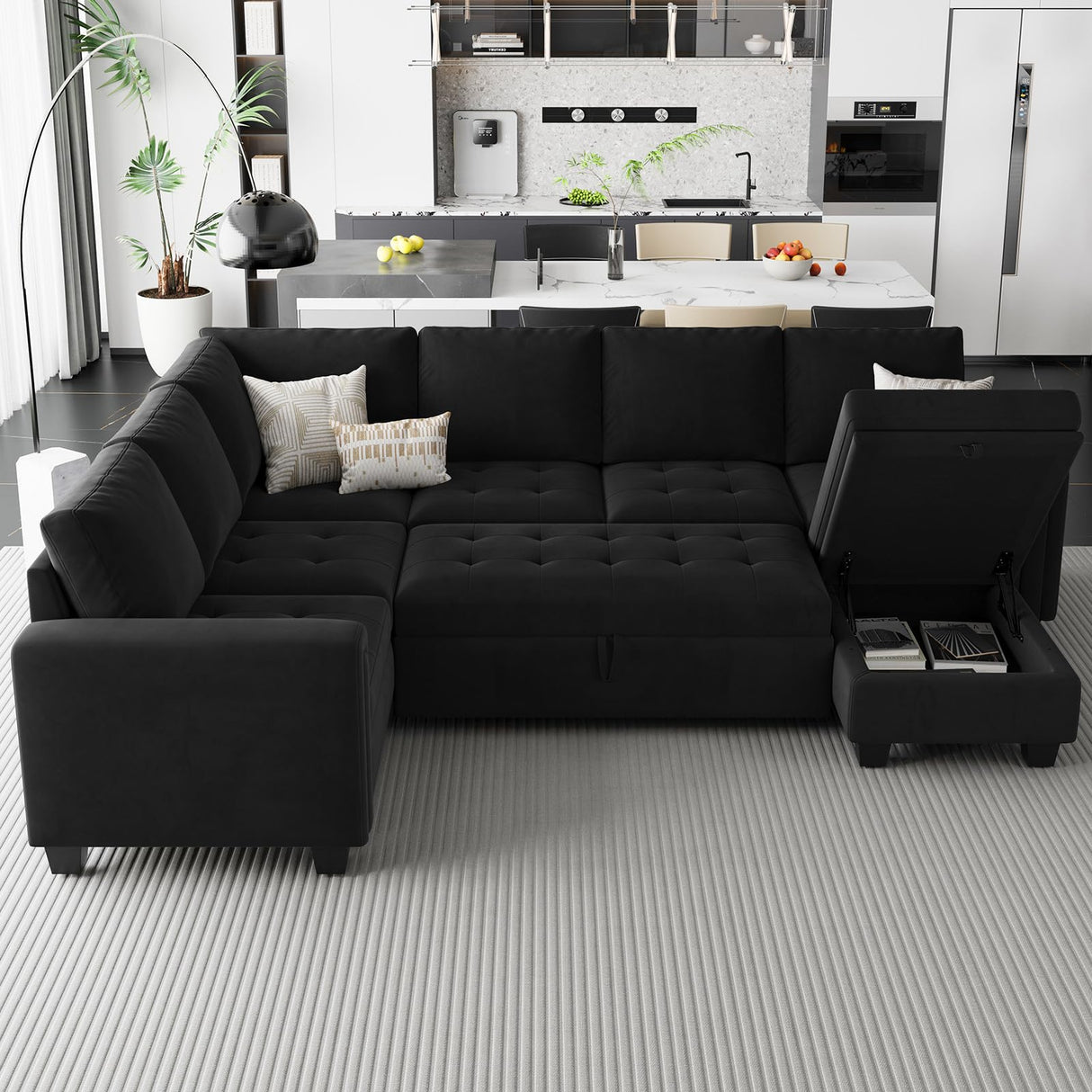 Belffin Modular Sectional Sleeper Sofa with Pull Out Bed U Shaped Sectional Sofa Couch with Storage Ottoman Velvet Covertible 7-Seater Sofa for Living Room Black Belffin