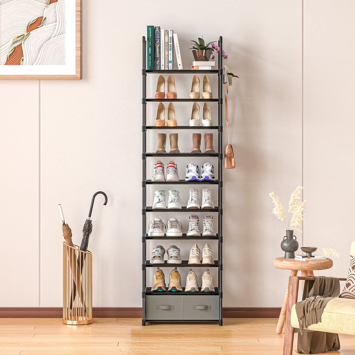 OYREL Tall Shoe Rack Narrow 10 Tier Shoes Rack 20 25 Pairs, Shoe Storage Organizer for Closet, Sturdy Metal Shoe Shelf Shoe Stand with 2 Boxes 1 Hook OYREL