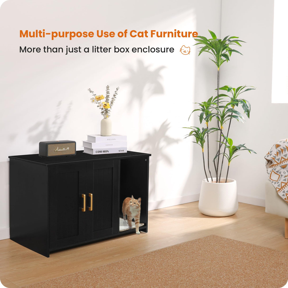 Dwanton Litter Box Enclosure, Cat Litter Box Furniture Hidden, with Scratching Mat, Wooden Cat Washroom Indoor, Fit Most of Litter Box, 31.5" L x 19.7" W x 21.7" H, Black Dwanton