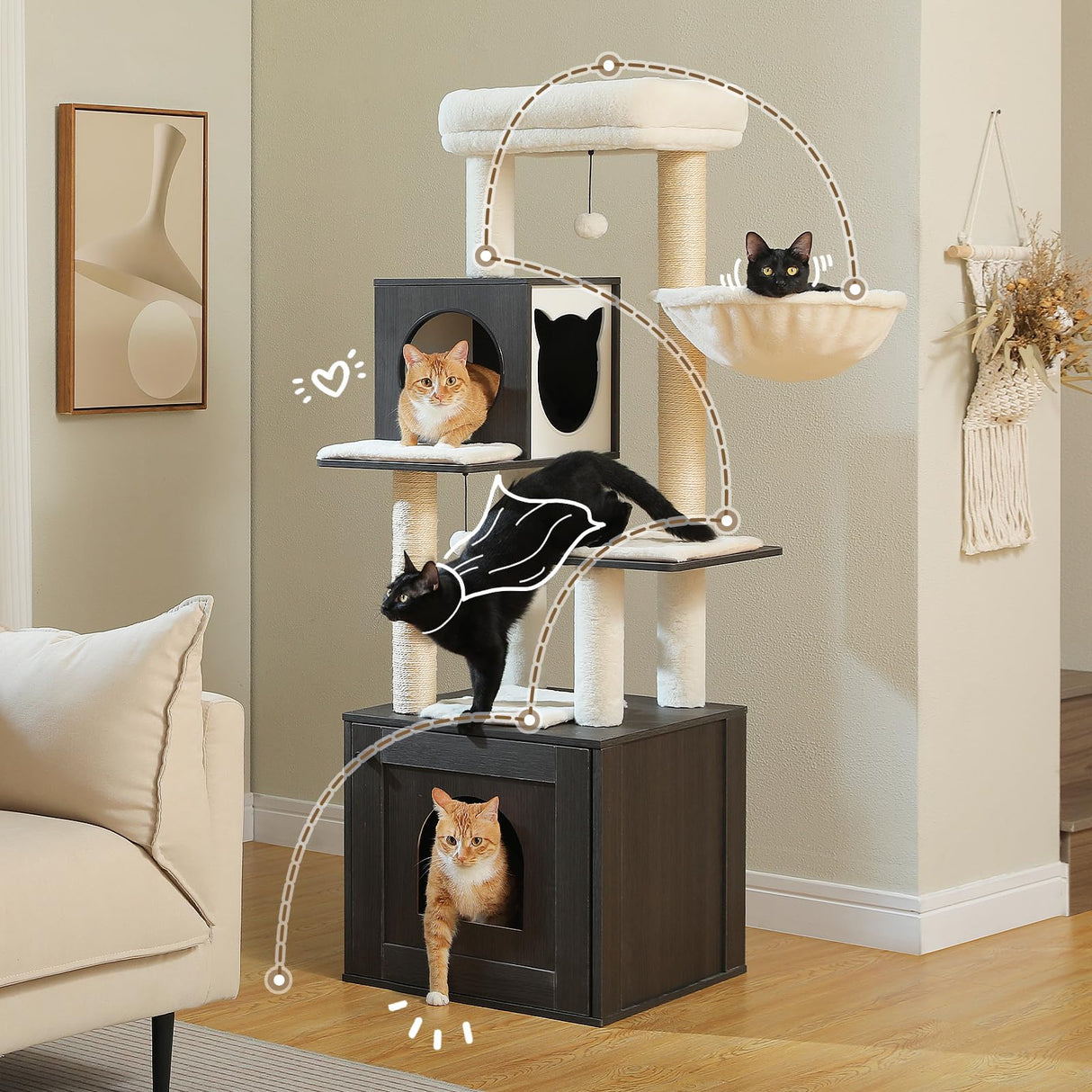 MIOMUM Tall Cat Tree with Litter Box Enclosure 57.5" Wooden Cat Tower for Large Cats with Cat Hammock House Bed (Pure Black) MIOMUM