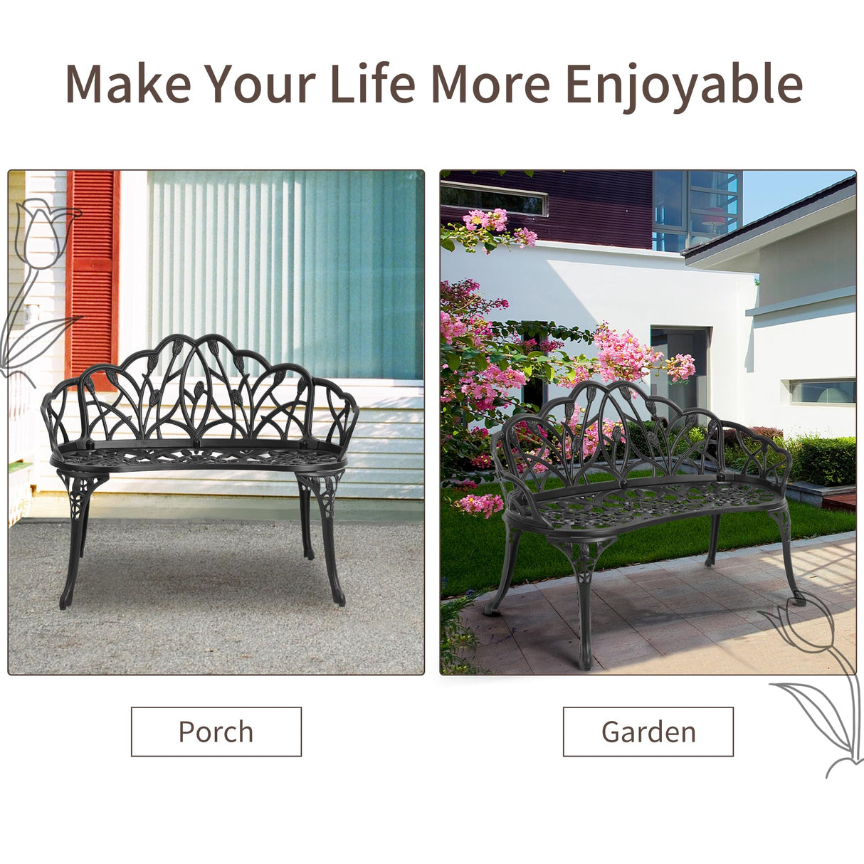 HOMEFUN Outdoor Bench, Patio Garden Benches Metal Loveseat Cast-Aluminum Outside Furniture for Park Lawn Front Porch Black HOMEFUN