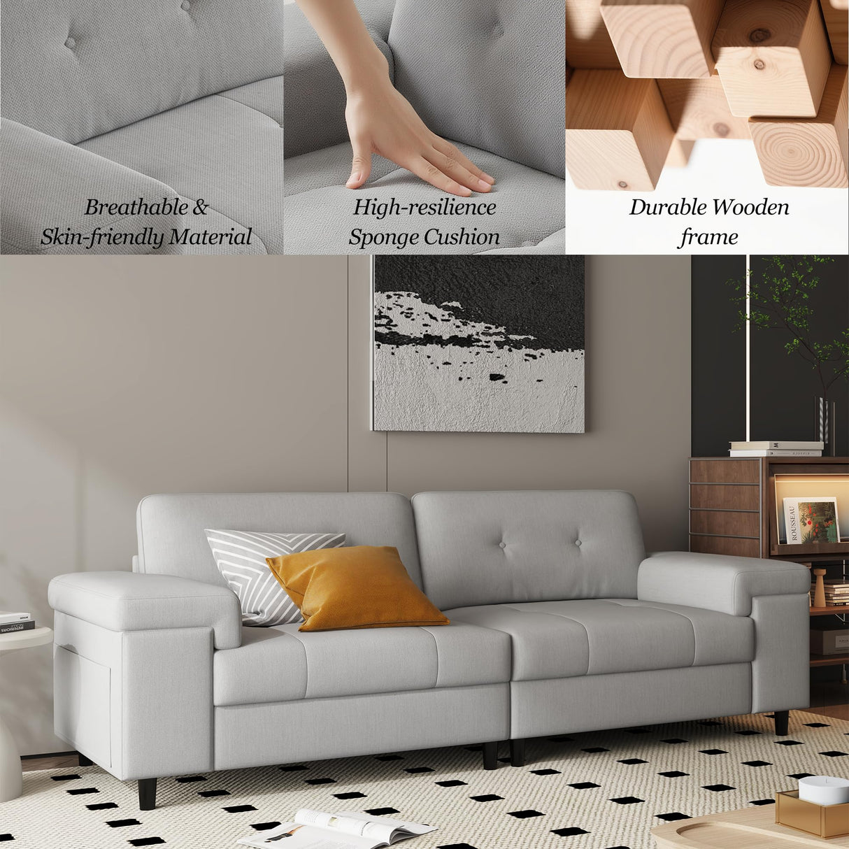 85 Inch Modern 3 Seater Sofa for Living Room, Deep Seat Chenille Couch with Adjustable Wide Armrest & Plush Backrest, Button Tufted Comfy Bedroom Sofa, Easy Assembly, Grey IDEALHOUSE