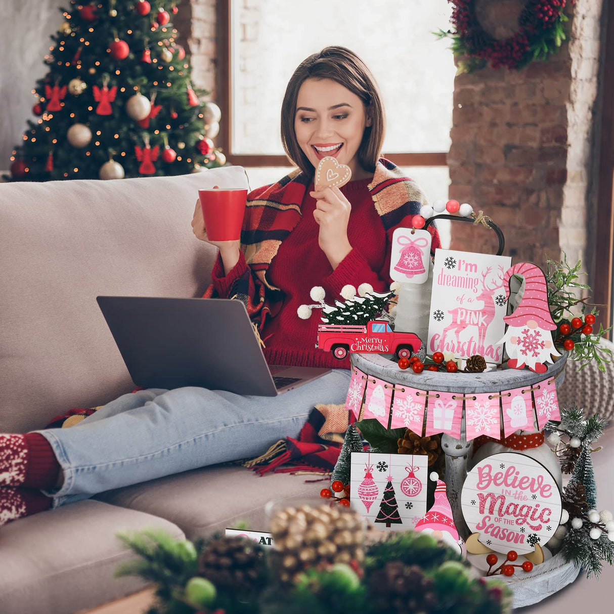 Bucherry 15 Pieces Christmas Tiered Tray Decor Gingerbread Christmas Farmhouse Table Decorations Tiered Tray Xmas Decor Set Winter Wooden Sign Tabletop for Xmas Party (Romantic Style) Bucherry