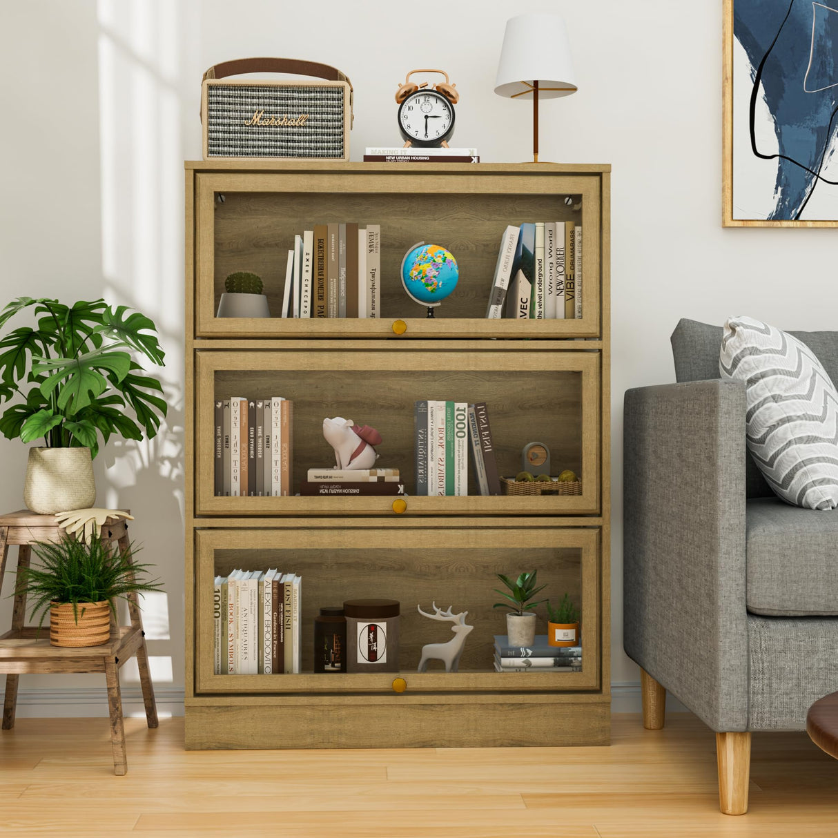 BONITURE Display Cabinet with Acrylic Glass Doors,3-Tiers Curio Cabinet with LED Lighting for Collectibles, Collectibles Toy Organizers Rack & Display Shelf Display Case Storage Cabinet, Nature BONITURE