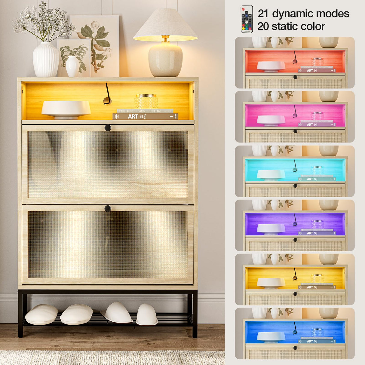 IKIFLY Natural Rattan Shoe Cabinet with LED Light, Shoe Rack Cabinet with 2 Flip Drawers & Open Shelves, Narrow Shoe Cabinet with Metal Legs, Shoe Storage Cabinet for Entryway, Living Room, Apartment IKIFLY