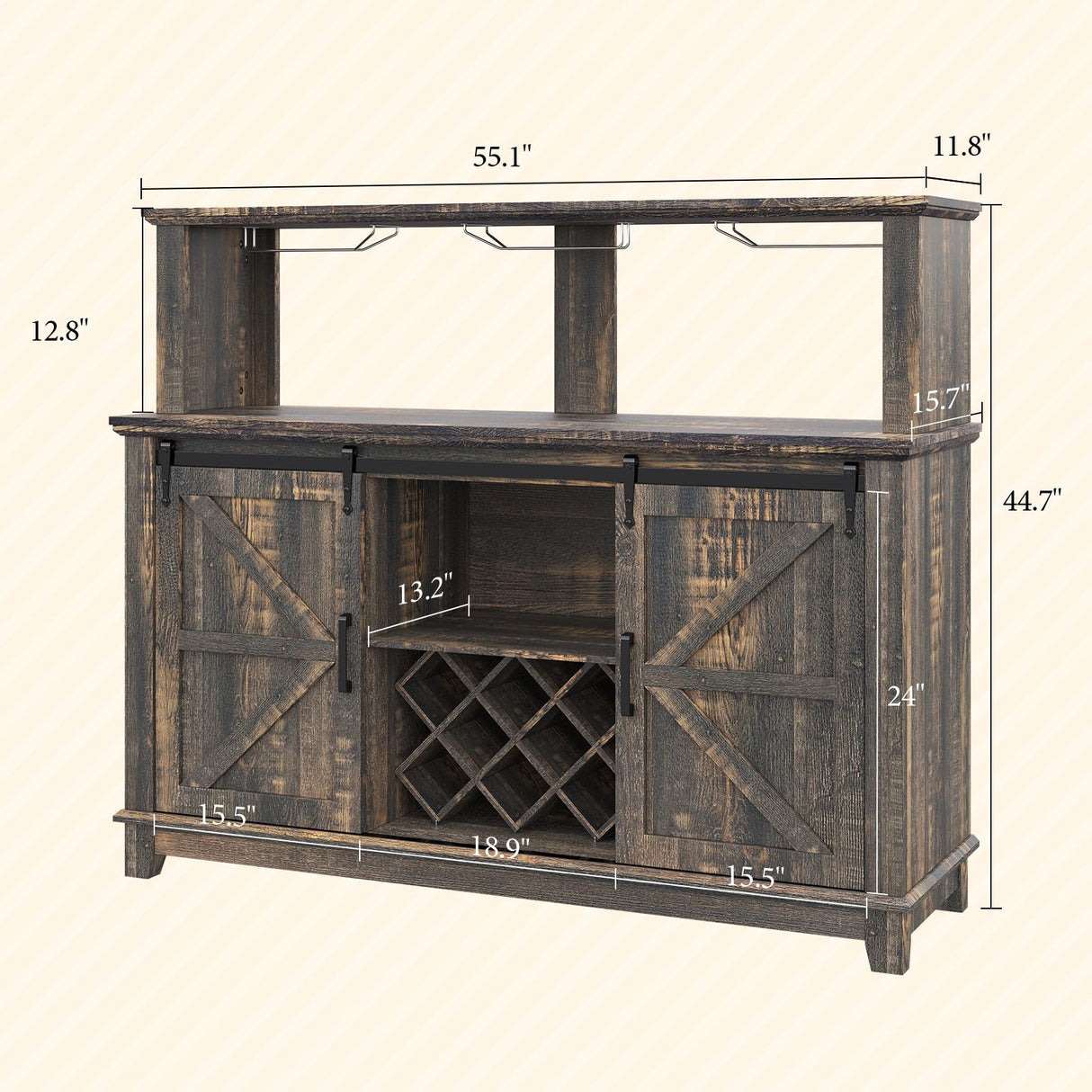 VanAcc Farmhouse Buffet Wine Cabinet with LED Lights, 55" Coffee Bar with 2-Tier Storage, Glass Holders, 8 Wine Racks, Home Liquor Hutch Cabinet with Barn Door, Rustic Black VanAcc