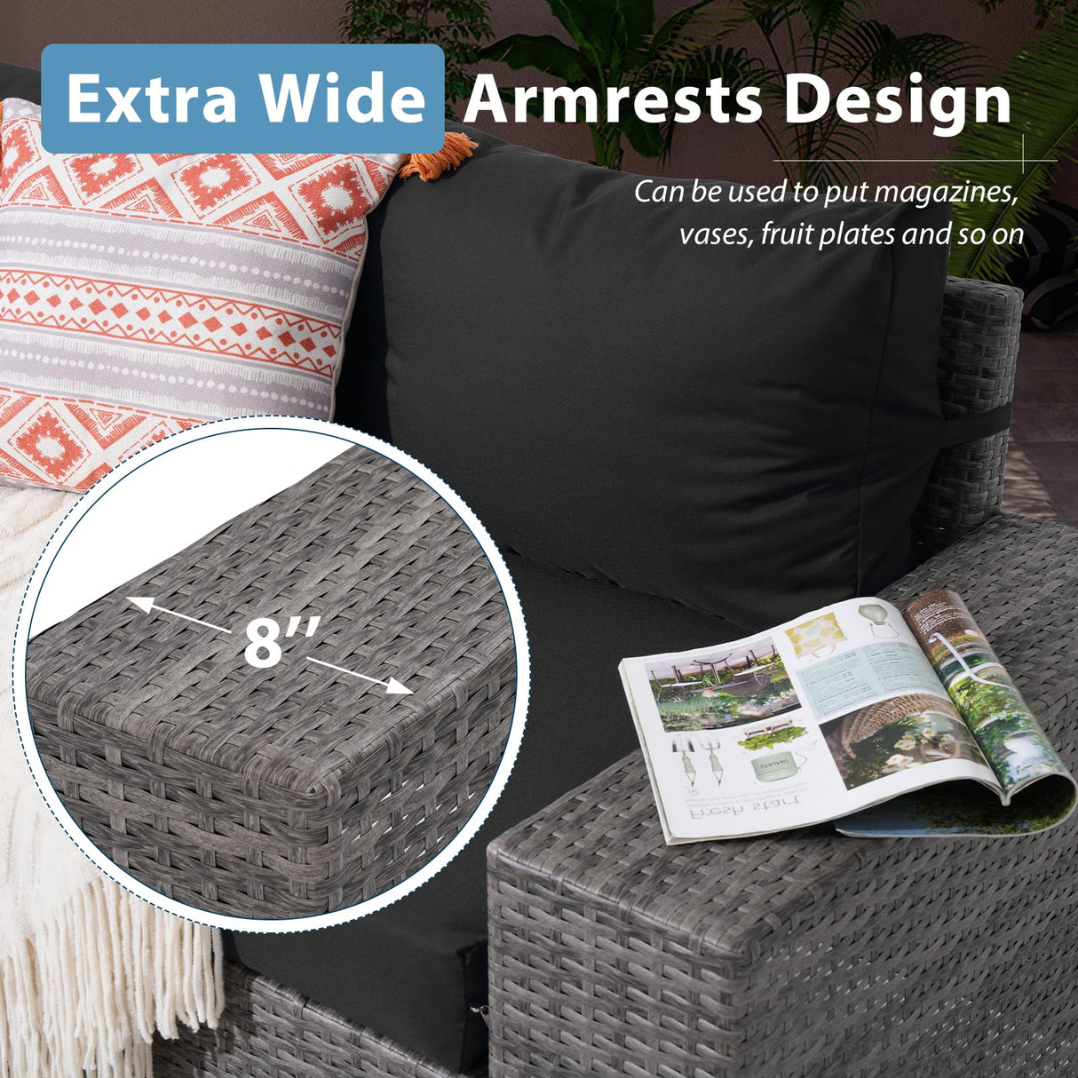 JOIVI 7 Pieces Outdoor Patio Furniture Set with 45” Fire Pit Table, Rattan Patio Sectional Sofa Conversation Set with 50000BTU Propane Fire Pit and Coffee Table for Garden, Backyard, Deck, Black JOIVI