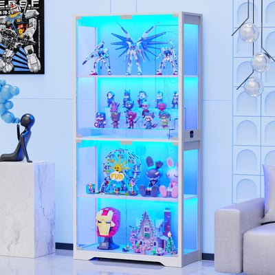 BROTTAR Display Cabinet with Glass Doors, 4-Tier Curio Cabinet with 3 Color Lights for Collectibles, Glass Display Case with Human Body Sensor, Storage Cabinet, White