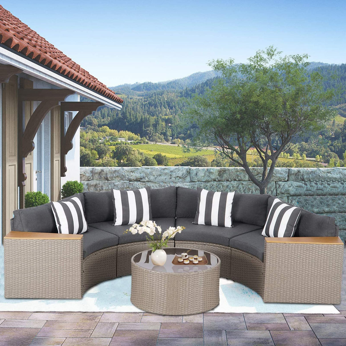 Incbruce Outdoor Half Moon Patio Furniture 5-Piece Curved Outdoor Sofa, All-Weather Outdoor Sectional Furniture Patio Conversation Sets with Round Tempered Glass Top Table (Grey Cushions) Incbruce