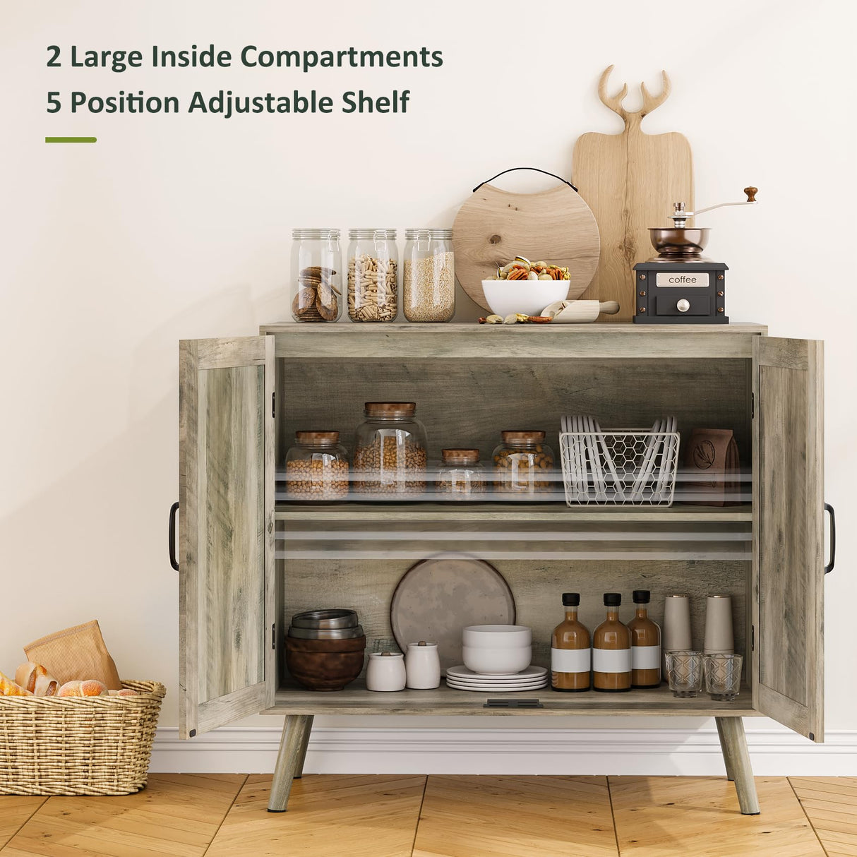 Smart FENDEE Farmhouse Sideboard Cabinet, Buffet Storage Cabinet with Handmade PVC Rattan Decor Doors & Adjustable Shelf, Wood Accent Table Coffee Station for Kitchen, Living Room, Entryway, Grey Oak Smart FENDEE