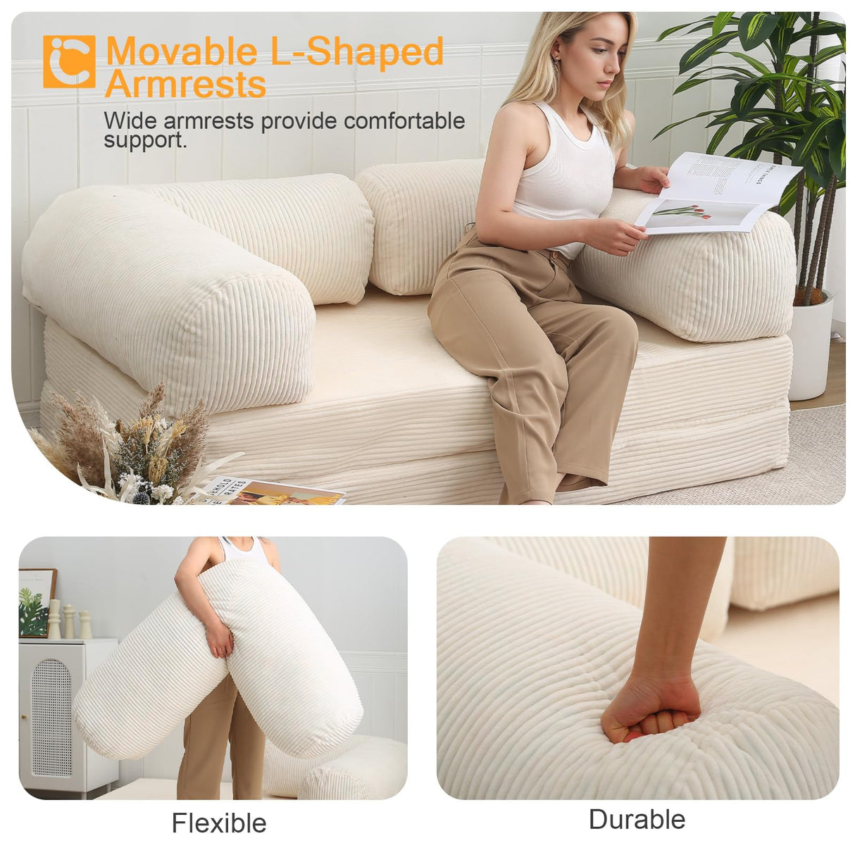 COMAX Folding Sofa Bed Queen, 4-in-1 Foldable Floor Couch Convertible Futon Sofa with Armrests Sleeper Mattress Chair Bed Comfy Portable Fold Out Lounge Guest for Living Room Bedroom, Beige COMAX