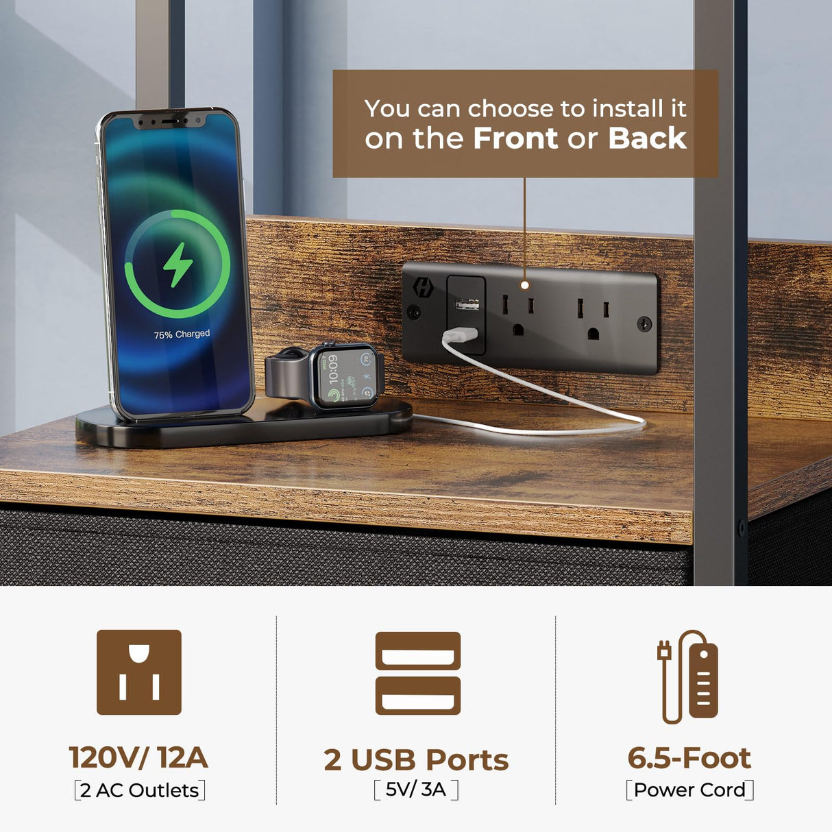 Seventable Nightstand Set of 2 with Charging Station, Bedside Table with LED Lights, Night Stand with 2 Fabric Drawers, 3-Tier Storage End Table for Bedroom, Rustic Brown Seventable