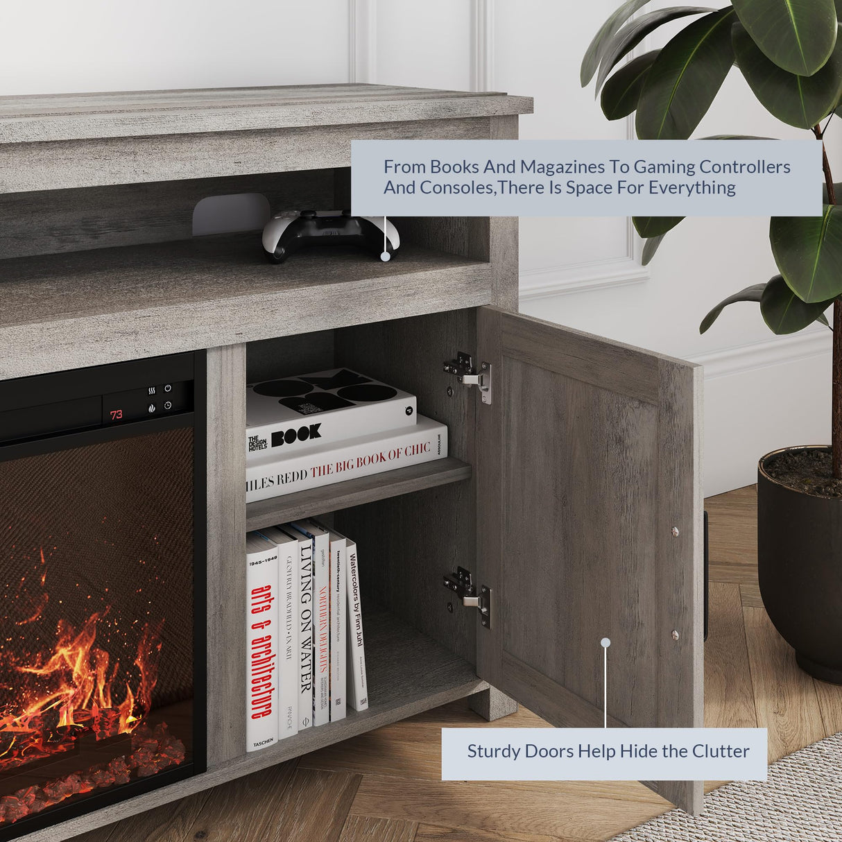 BELLEZE Barn Door Wood Electric Fireplace TV Stand for TVs up to 65 Inches Open Shelves and Cabinets Media Entertainment Center Console Table - Corin (Gray Wash) BELLEZE