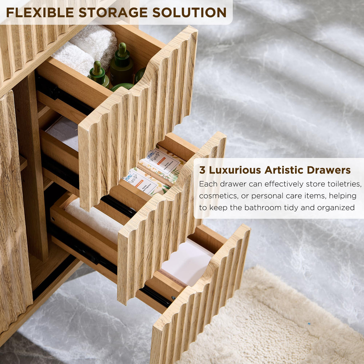 T4TREAM 24" Fluted Bathroom Vanity with Ceramic Sink Combo,Freestanding Small Modern Bathroom Storage Vanity Cabinet with Sliding Door & 3 Drawer,Wood Grain Texture,Metal Handle,Natural Oak T4TREAM