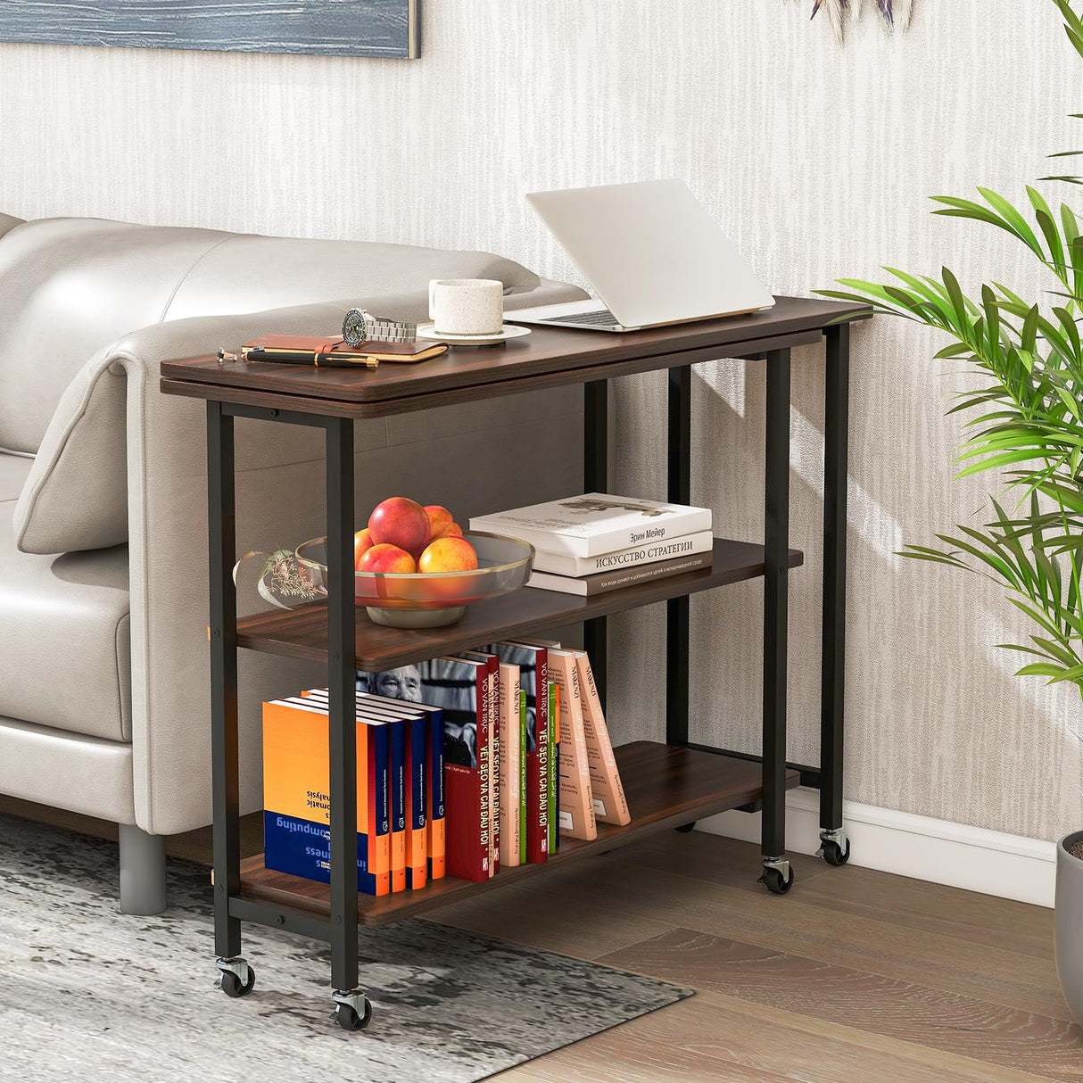 Giantex 360° Free Rotating Sofa Side Table, Mobile L-Shaped Laptop Desk with Sturdy Metal Frame, 6 Universal Casters, Movable Couch Snack Table with 2-Tier Storage Shelf for Home (Walnut) Giantex