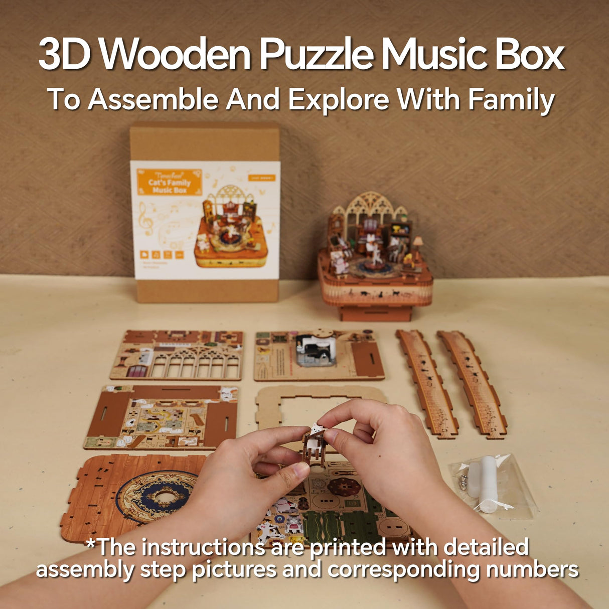 Tonecheer Wooden Music Box Puzzle for Adults,DIY Rotating Music Box Kit 3D Creative Musical Puzzle Crafts Model Building Kits Desk Decor for Teens Kids Birthday Gift (Cats Family) Tonecheer