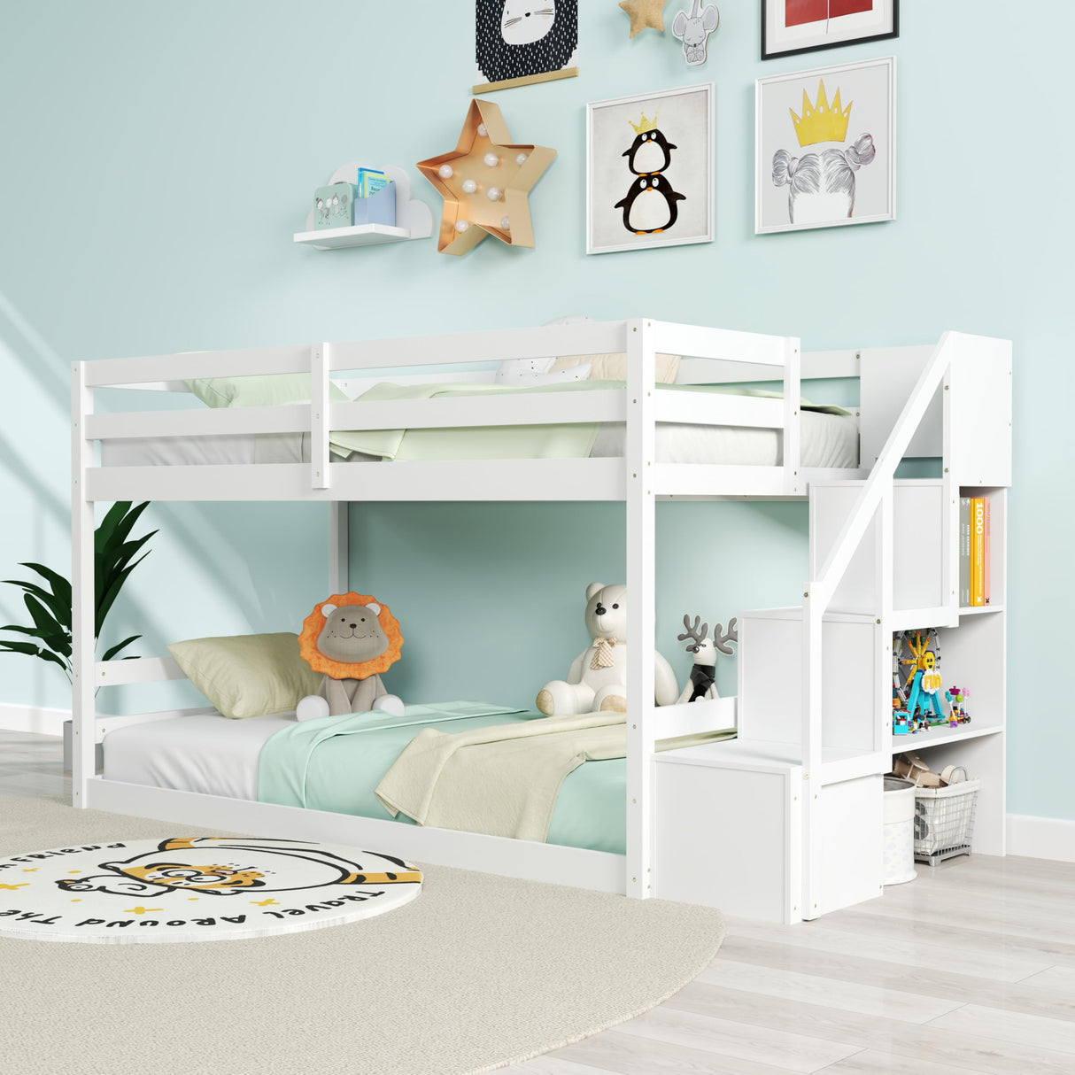 KOMFOTT Wood Twin Over Twin Low Bunk Bed with Storage Staircase, Wooden Bunk Bed Frame with Full-Length Guardrails, Low Profile Bunk Bed with Slats Support, No Box Spring Needed (White) KOMFOTT
